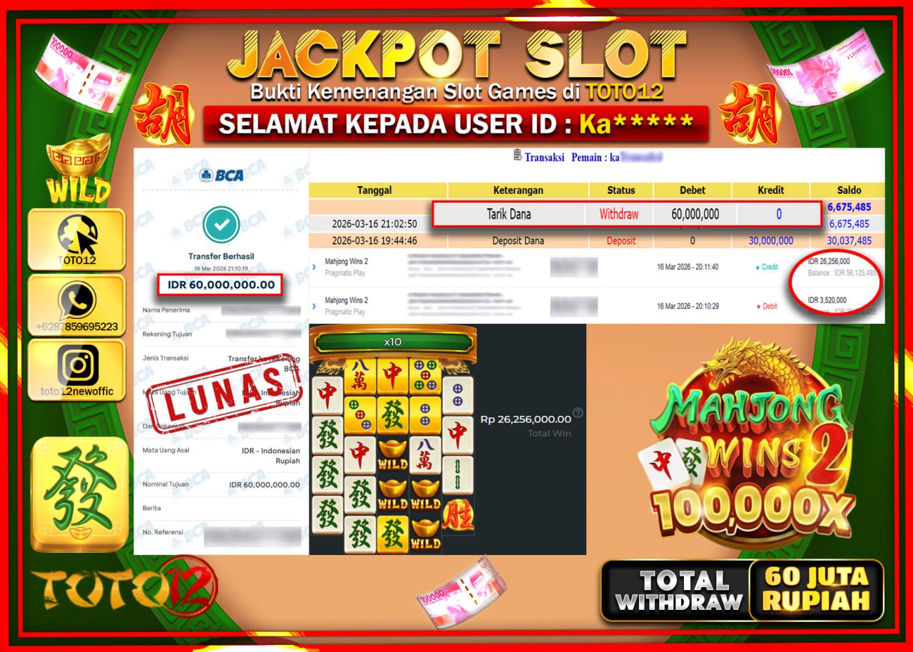 HANYA DI TOTO12 JP PASTI DI BAYAR LUNAS DAN CEPAT!!!!!! JACKPOT SLOT GAME (MAHJONG WINS 2) Rp.60.000.000!!!!