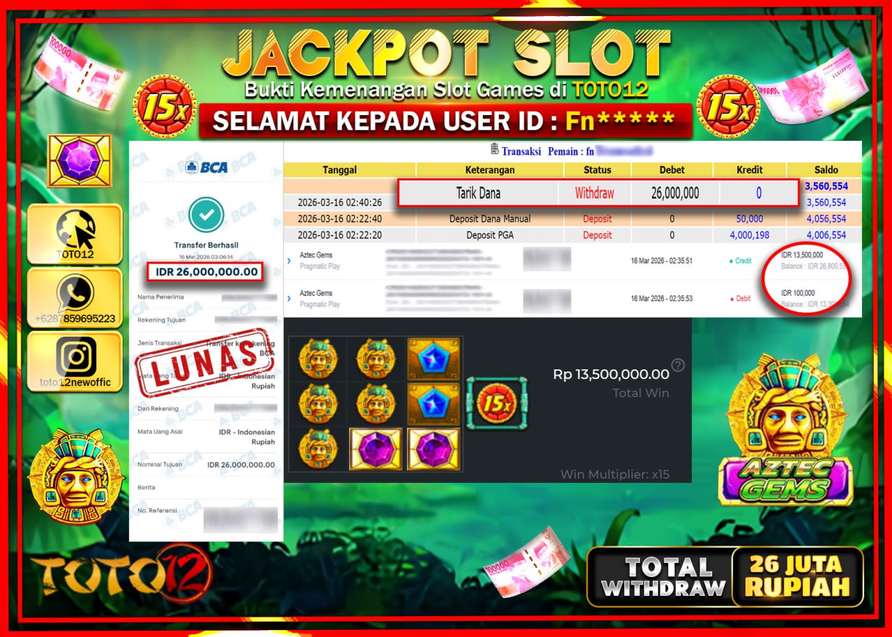 HANYA DI TOTO12 JP PASTI DI BAYAR LUNAS DAN CEPAT!!!!!! JACKPOT SLOT GAME (AZTEC GEMS) Rp.26.000.000!!!!