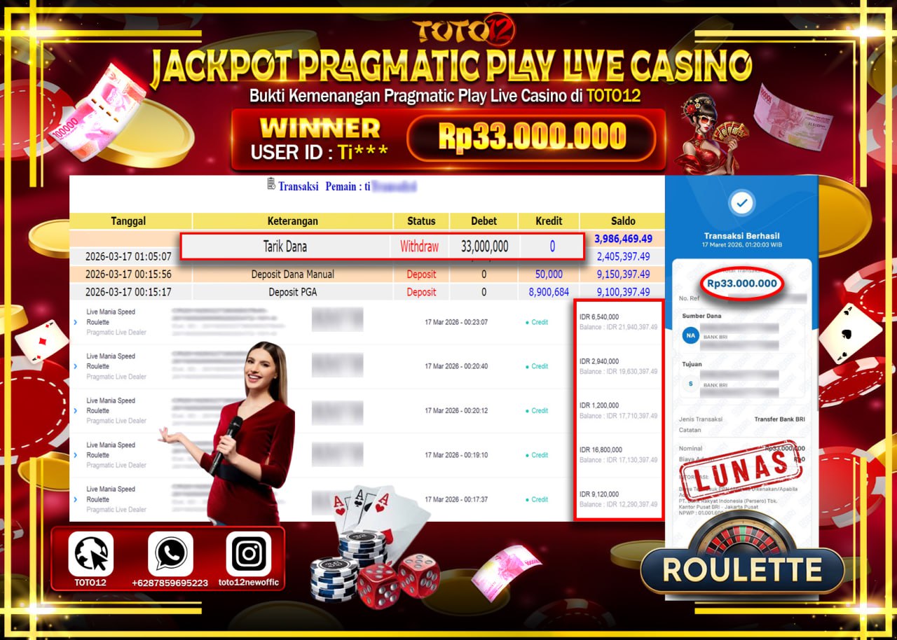 HANYA DI TOTO12 JP PASTI DI BAYAR LUNAS DAN CEPAT!!!!!! JACKPOT PRAGMATIC PLAY LIVE GAME CASINO (LIVE MANIA SPEED ROULETTE) Rp.33.000.000!!!!