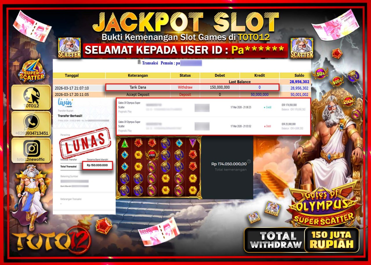 HANYA DI TOTO12 JP PASTI DI BAYAR LUNAS DAN CEPAT!!!!!! JACKPOT SLOT GAME (GATES OF OLYMPUS SUPER SCATTER) Rp.150.000.000!!!!