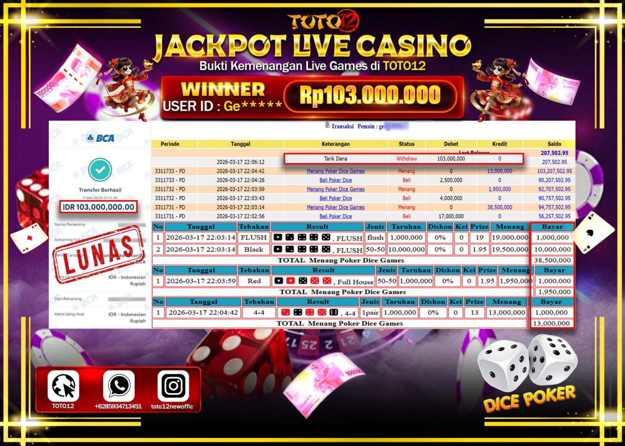 HANYA DI TOTO12 JP PASTI DI BAYAR LUNAS DAN CEPAT!!!!!! JACKPOT LIVE GAMES CASINO (DICE POKER) Rp.103.000.000!!!!
