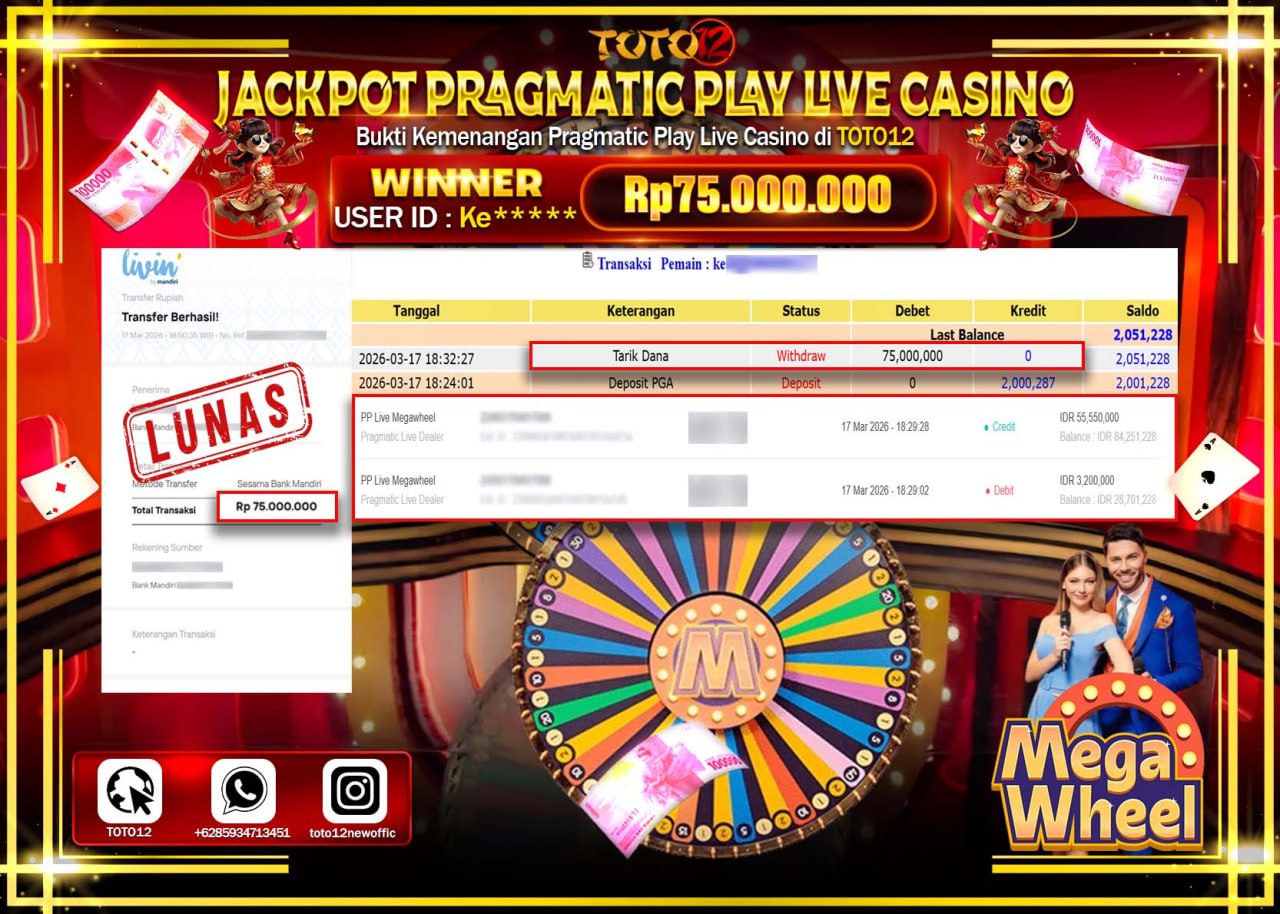 HANYA DI TOTO12 JP PASTI DI BAYAR LUNAS DAN CEPAT!!!!!! JACKPOT PRAGMATIC PLAY LIVE GAME CASINO (PP LIVE MEGA WHEEL) Rp.75.000.000!!!!