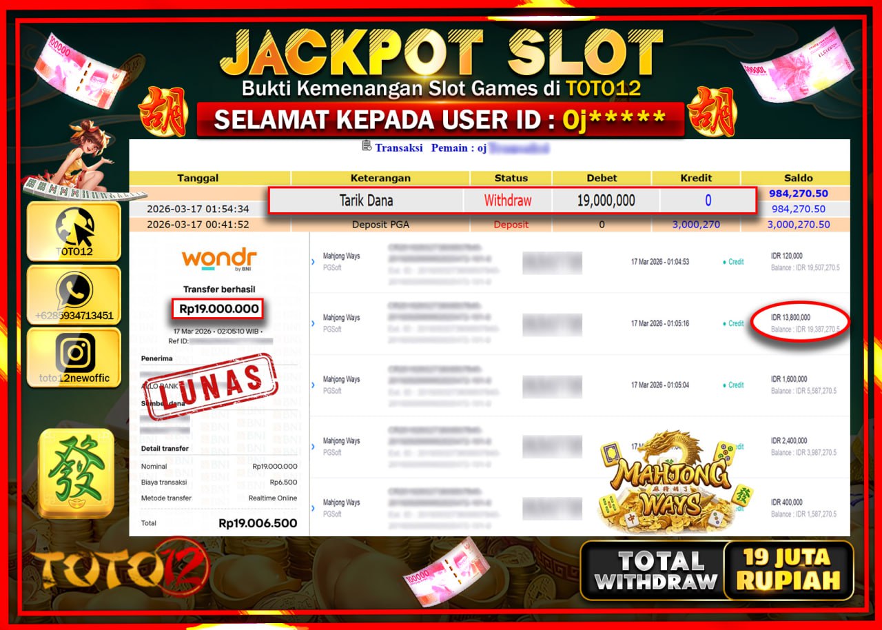 HANYA DI TOTO12 JP PASTI DI BAYAR LUNAS DAN CEPAT!!!!!! JACKPOT SLOT GAME (MAHJONG WAYS) Rp.19.000.000!!!!
