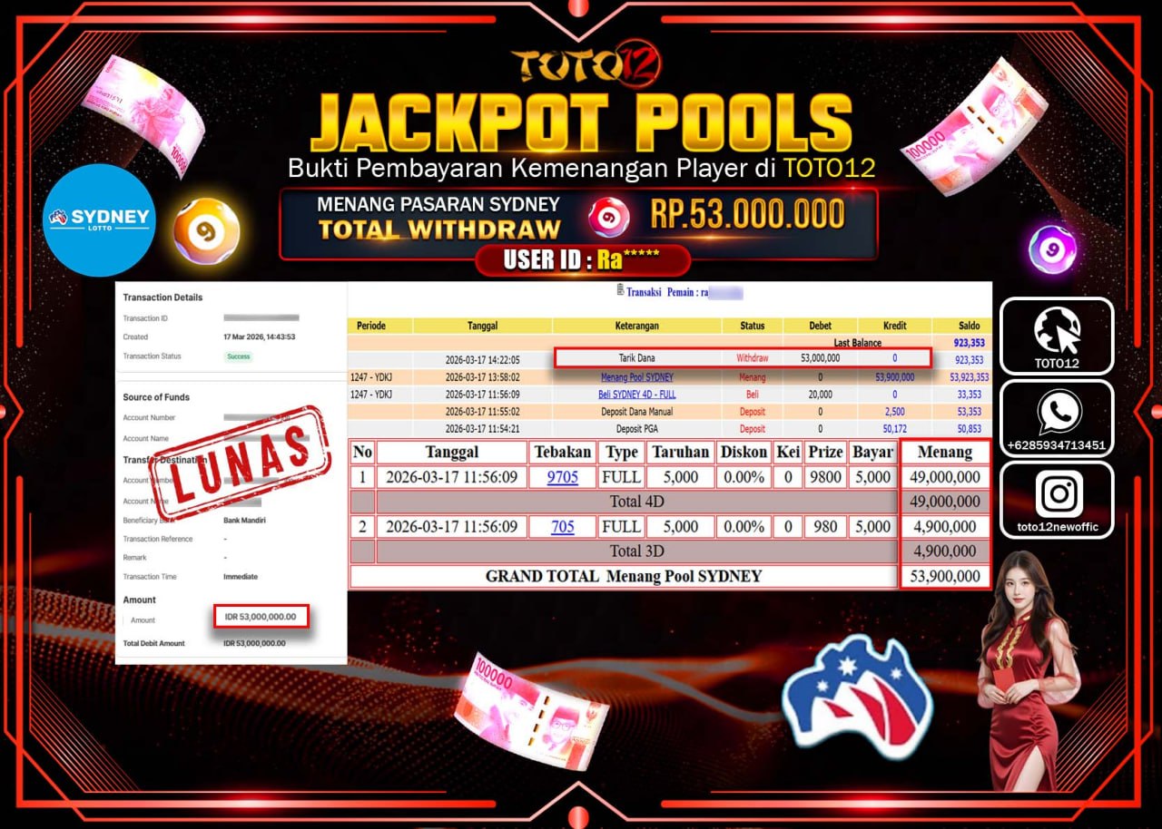 HANYA DI TOTO12 JP PASTI DI BAYAR LUNAS DAN CEPAT!!!!!! JACKPOT POOLS PASARAN (SYDNEY) Rp.53.000.000!!!!
