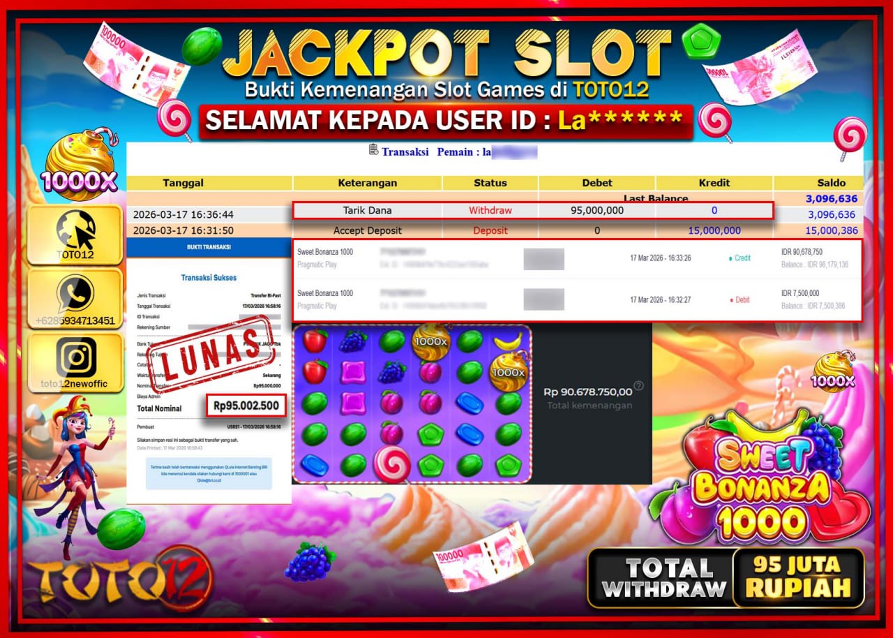 HANYA DI TOTO12 JP PASTI DI BAYAR LUNAS DAN CEPAT!!!!!! JACKPOT SLOT GAME (SWEET BONANZA 1000) Rp.95.000.000!!!!