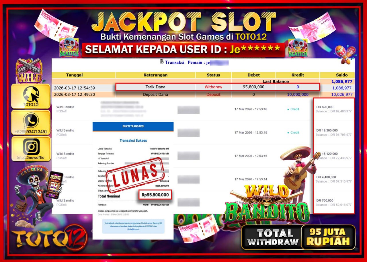 HANYA DI TOTO12 JP PASTI DI BAYAR LUNAS DAN CEPAT!!!!!! JACKPOT SLOT GAME (WILD BANDITO) Rp.95.800.000!!!!