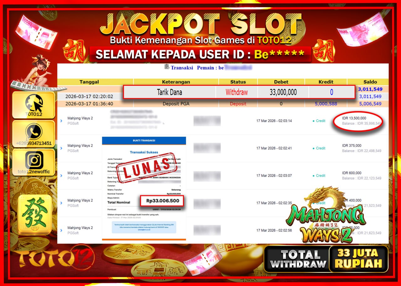 HANYA DI TOTO12 JP PASTI DI BAYAR LUNAS DAN CEPAT!!!!!! JACKPOT SLOT GAME (MAHJONG WAYS 2) Rp.33.000.000!!!!
