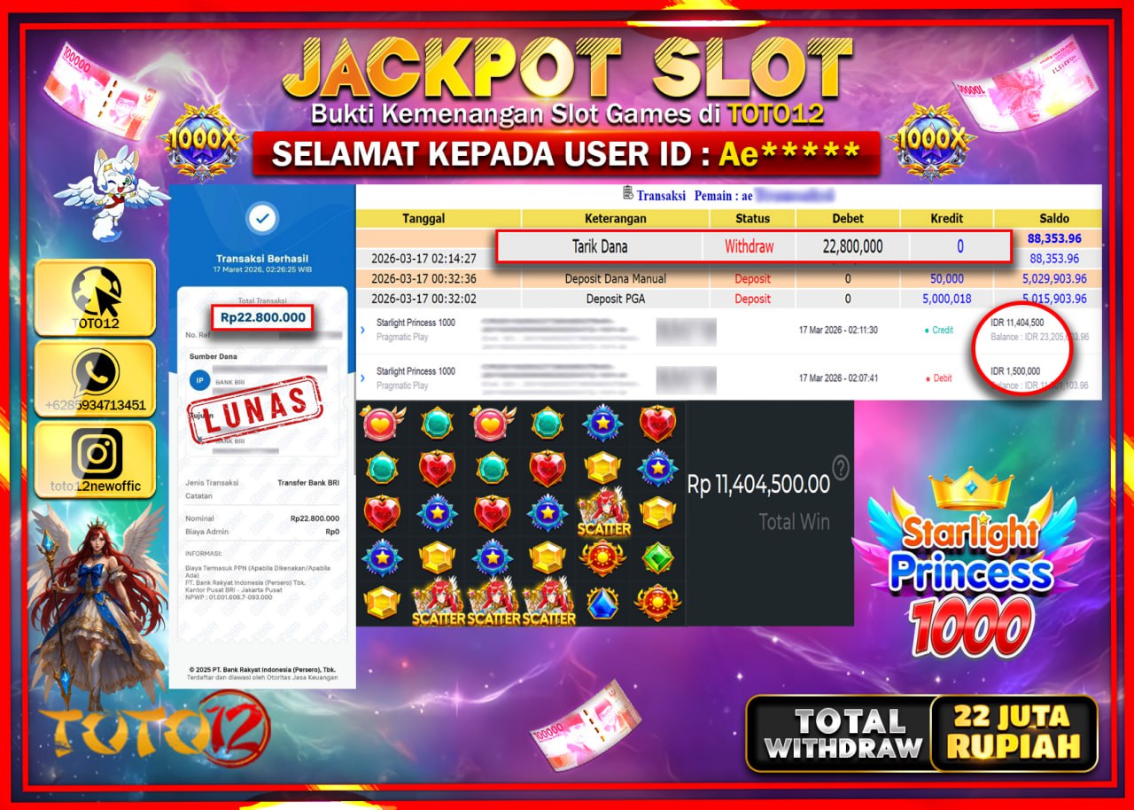 HANYA DI TOTO12 JP PASTI DI BAYAR LUNAS DAN CEPAT!!!!!! JACKPOT SLOT GAME (STARLIGHT PRINCESS 1000) Rp.22.800.000!!!!