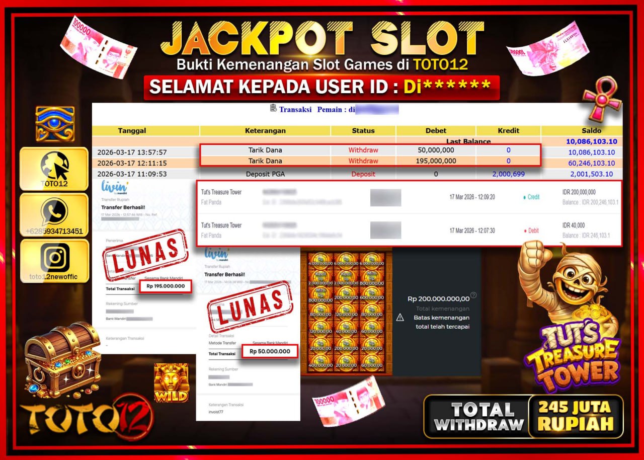 HANYA DI TOTO12 JP PASTI DI BAYAR LUNAS DAN CEPAT!!!!!! JACKPOT SLOT GAME (TUTS TREASURE TOWER) Rp.245.000.000!!!!