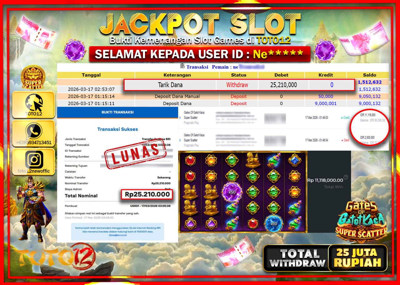 HANYA DI TOTO12 JP PASTI DI BAYAR LUNAS DAN CEPAT!!!!!! JACKPOT SLOT GAME (GATES OF GATOTKACA SUPER SCATTER) Rp.25.210.000!!!!