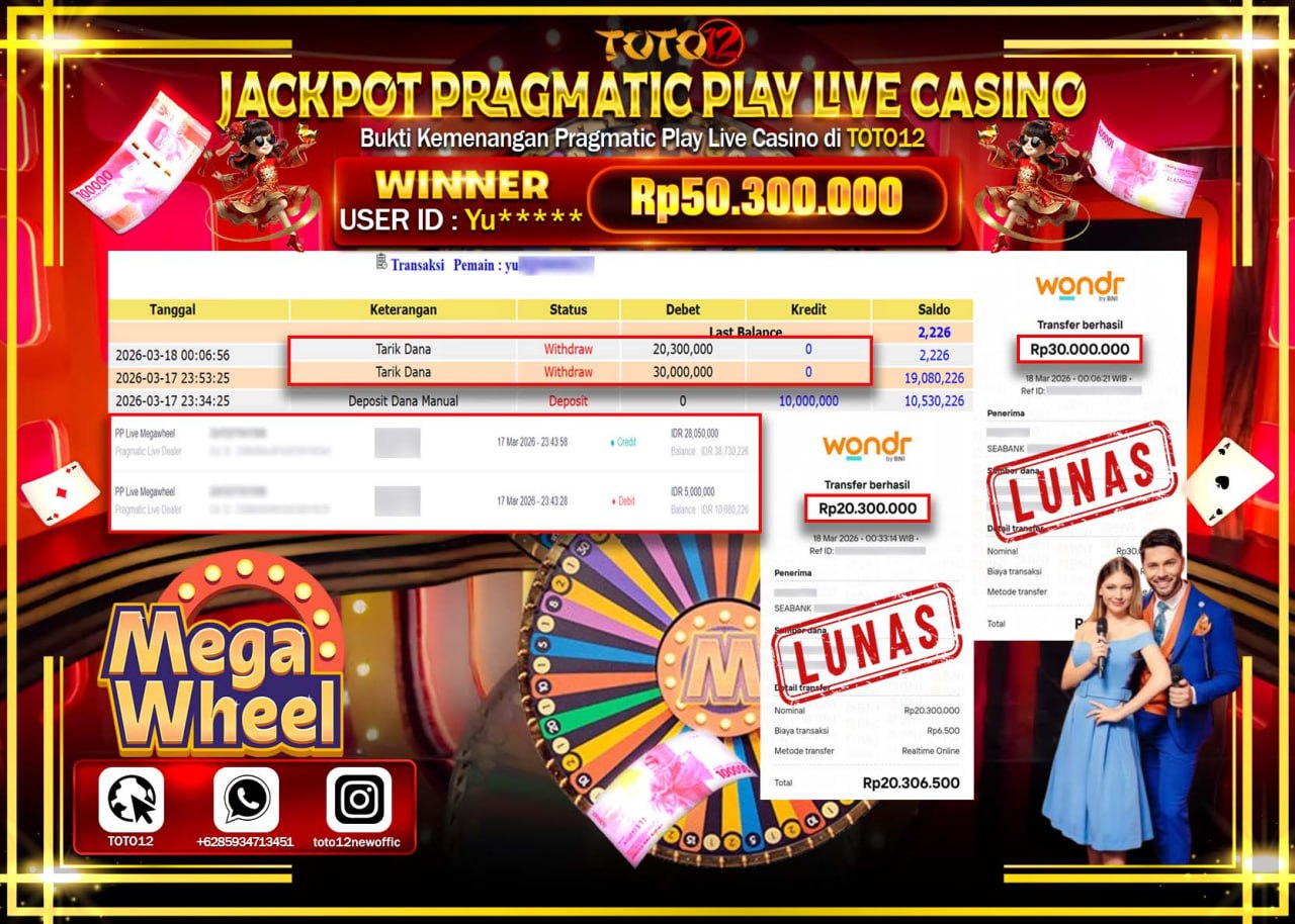 HANYA DI TOTO12 JP PASTI DI BAYAR LUNAS DAN CEPAT!!!!!! JACKPOT PRAGMATIC PLAY LIVE GAME CASINO (PP LIVE MEGAWHEEL) Rp.50.300.000!!!!