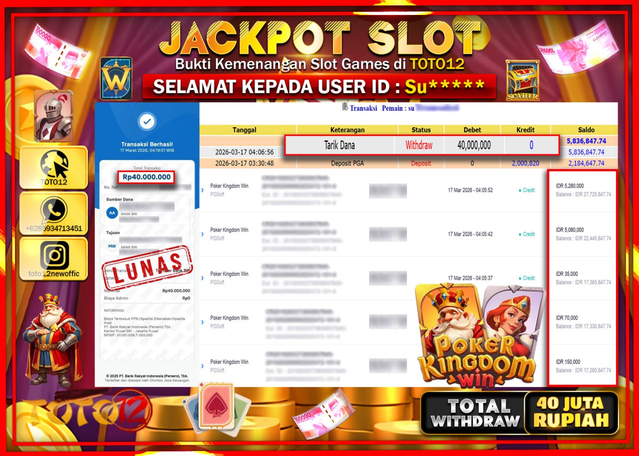 HANYA DI TOTO12 JP PASTI DI BAYAR LUNAS DAN CEPAT!!!!!! JACKPOT SLOT GAME (POKER KINGDOM WIN) Rp.40.000.000!!!!