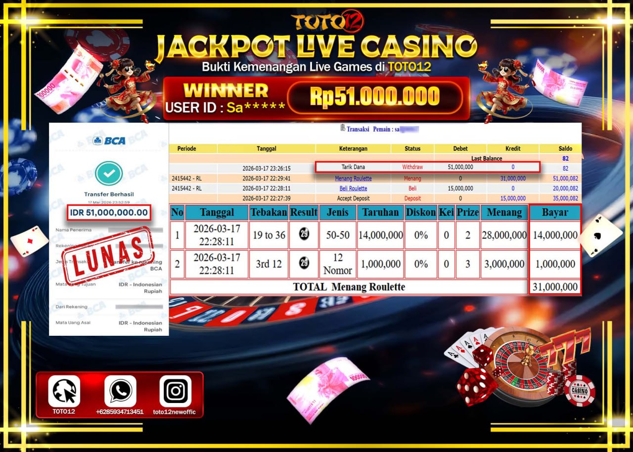 HANYA DI TOTO12 JP PASTI DI BAYAR LUNAS DAN CEPAT!!!!!! JACKPOT LIVE GAMES CASINO (ROULETTE) Rp.51.000.000!!!!
