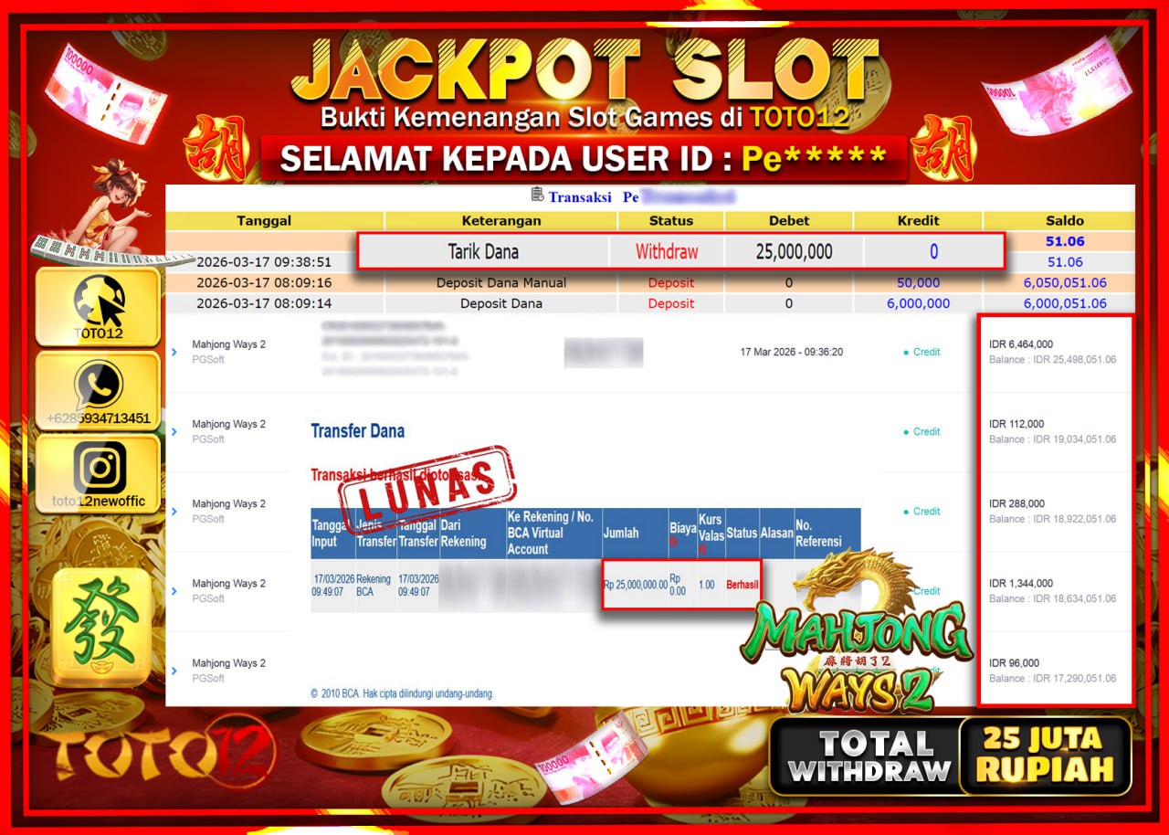 HANYA DI TOTO12 JP PASTI DI BAYAR LUNAS DAN CEPAT!!!!!! JACKPOT SLOT GAME (MAHJONG WAYS 2) Rp.25.000.000!!!!