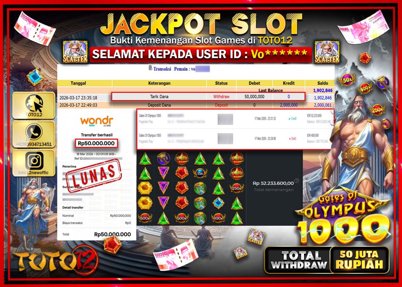 HANYA DI TOTO12 JP PASTI DI BAYAR LUNAS DAN CEPAT!!!!!! JACKPOT SLOT GAME (GATES OF OLYMPUS 1000) Rp.50.000.000!!!!