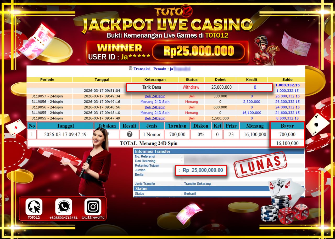 HANYA DI TOTO12 JP PASTI DI BAYAR LUNAS DAN CEPAT!!!!!! JACKPOT LIVE GAMES CASINO (24DSPIN) Rp.25.000.000!!!!