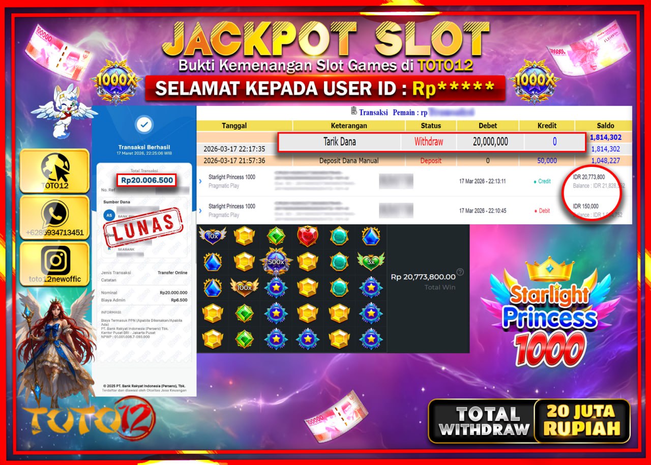 HANYA DI TOTO12 JP PASTI DI BAYAR LUNAS DAN CEPAT!!!!!! JACKPOT SLOT GAME (STARLIGHT PRINCESS 1000) Rp.20.000.000!!!!