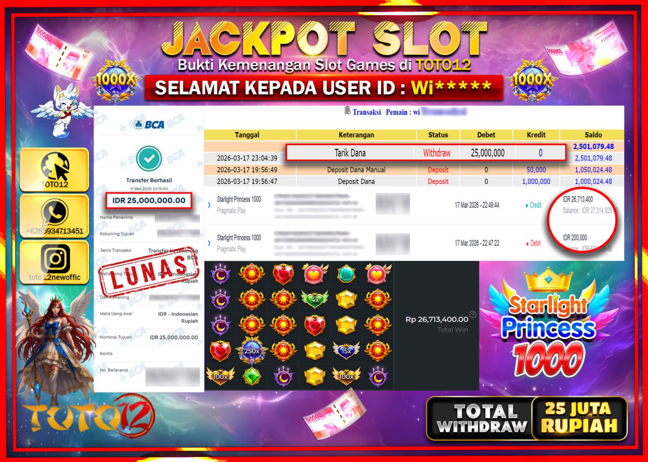 HANYA DI TOTO12 JP PASTI DI BAYAR LUNAS DAN CEPAT!!!!!! JACKPOT SLOT GAME (STARLIGHT PRINCESS 1000) Rp.25.000.000!!!!