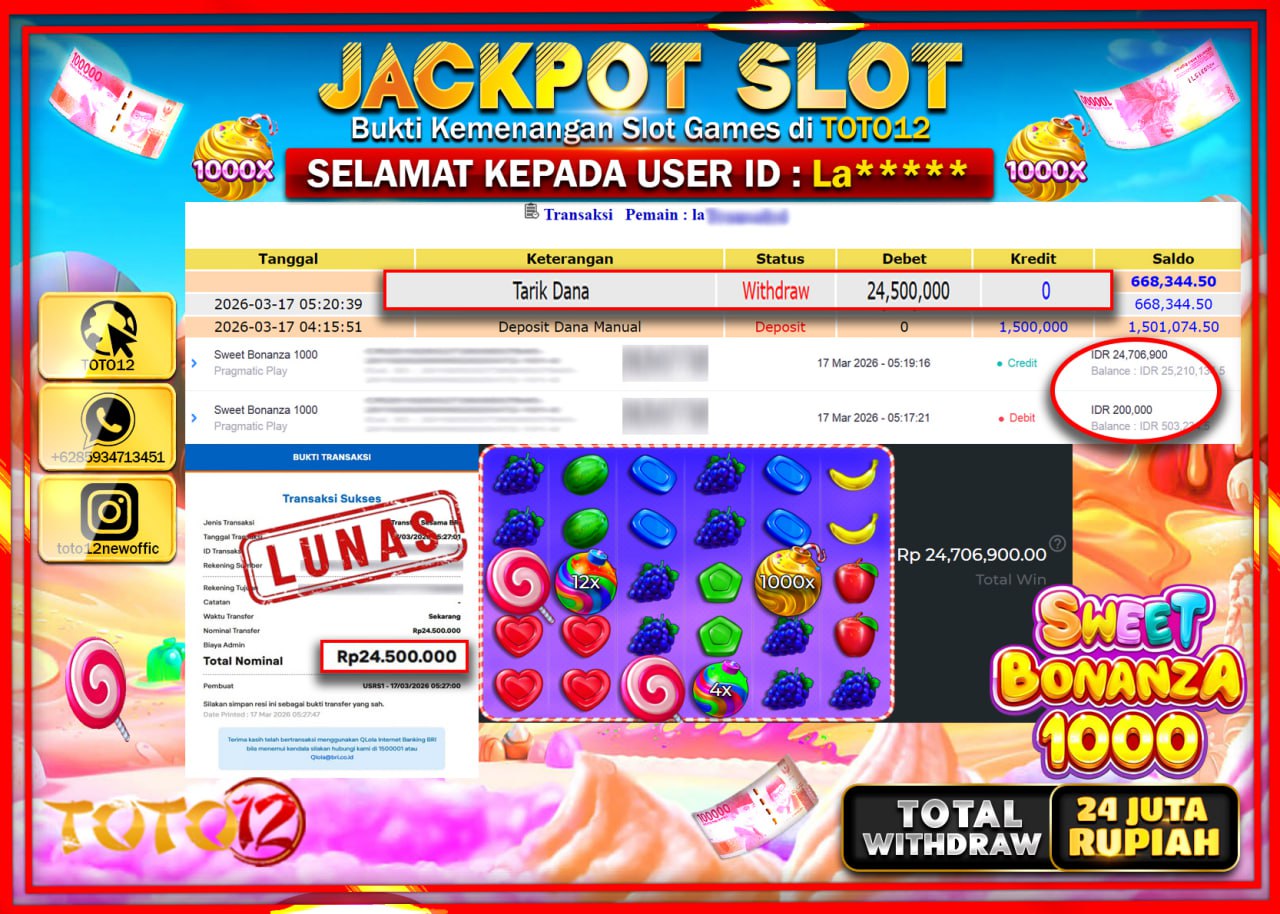 HANYA DI TOTO12 JP PASTI DI BAYAR LUNAS DAN CEPAT!!!!!! JACKPOT SLOT GAME (SWEET BONANZA 1000) Rp.24.500.000!!!!