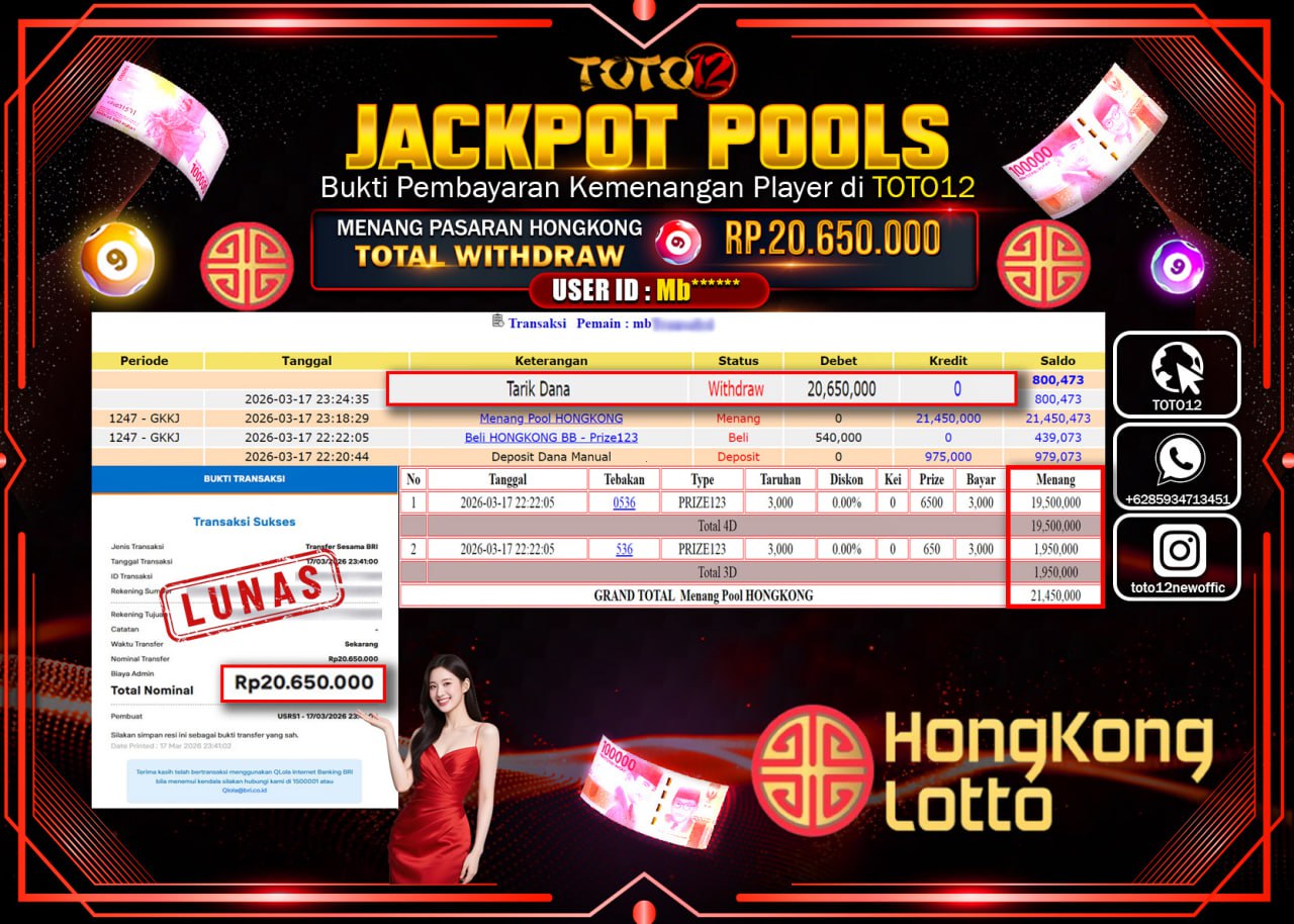HANYA DI TOTO12 JP PASTI DI BAYAR LUNAS DAN CEPAT!!!!!! JACKPOT POOLS PASARAN (HONGKONG) Rp.20.650.000!!!!