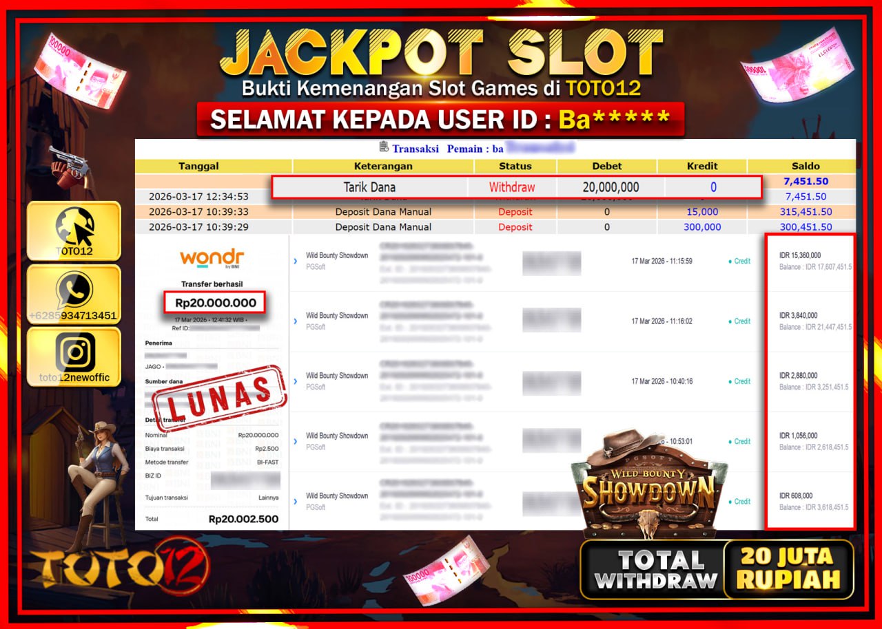 HANYA DI TOTO12 JP PASTI DI BAYAR LUNAS DAN CEPAT!!!!!! JACKPOT SLOT GAME (WILD BOUNTY SHOWDOWN) Rp.20.000.000!!!!