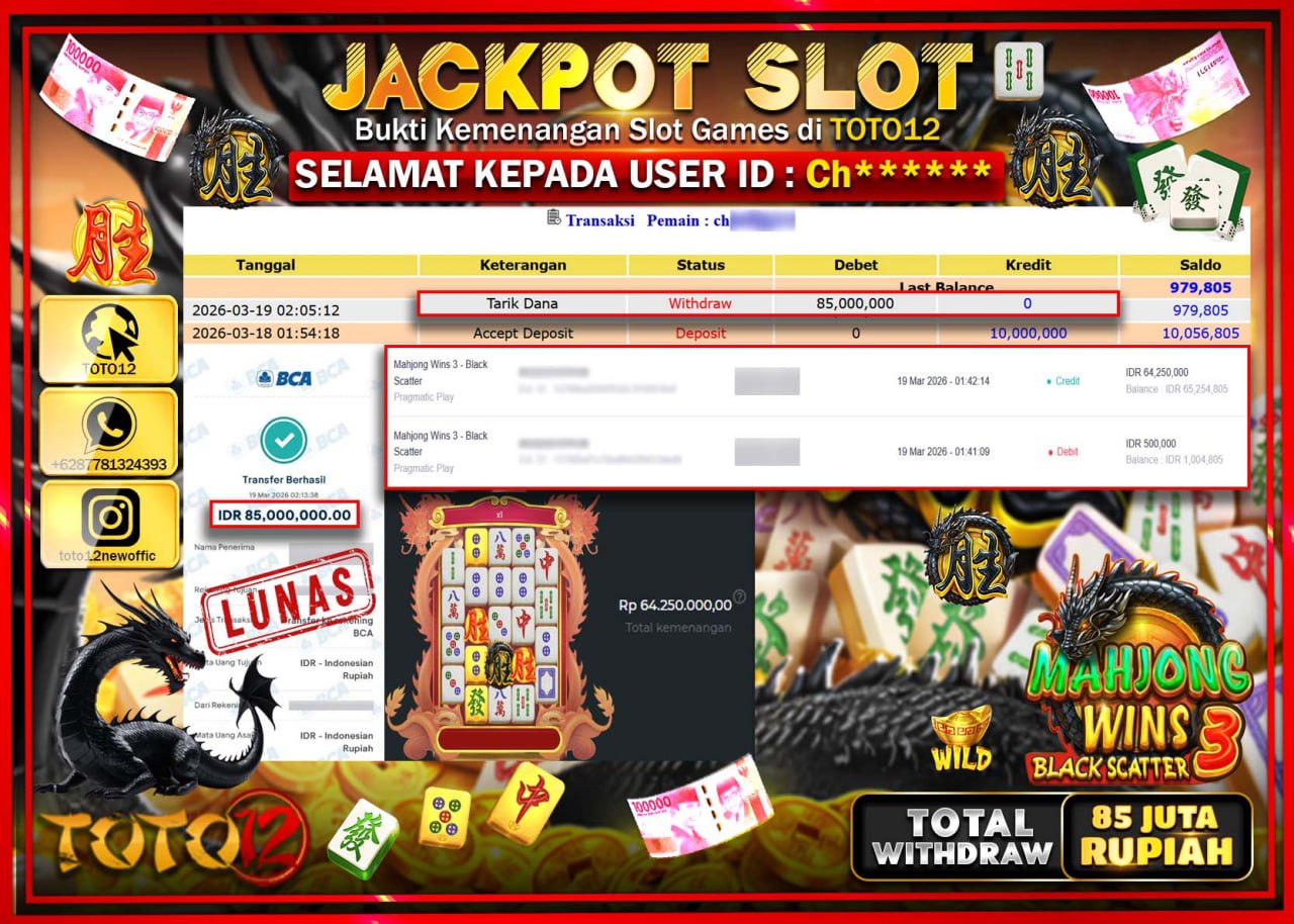 HANYA DI TOTO12 JP PASTI DI BAYAR LUNAS DAN CEPAT!!!!!! JACKPOT SLOT GAME (MAHJONG WINS 3 BLACK SCATTER) Rp.85.000.000!!!!