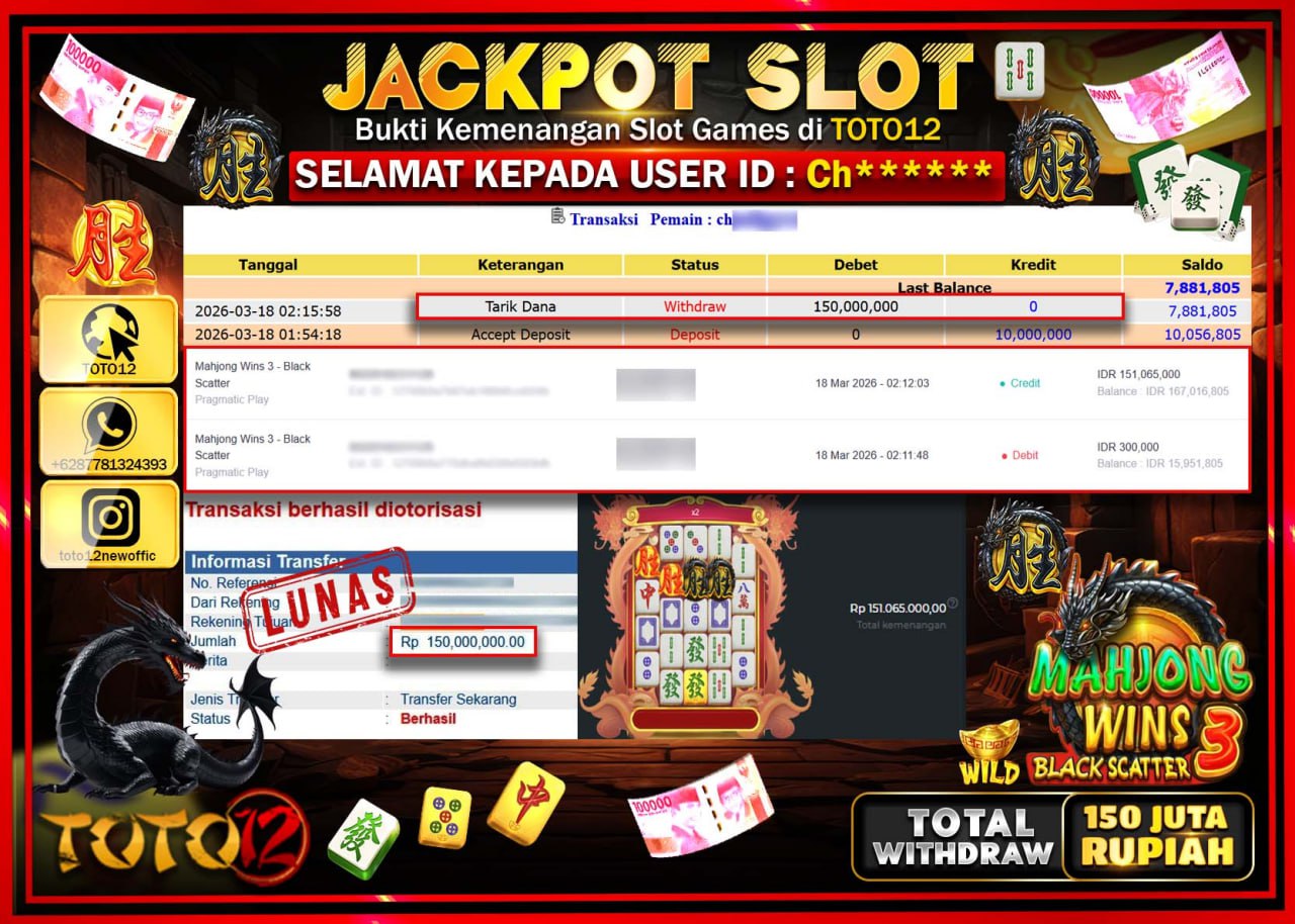 HANYA DI TOTO12 JP PASTI DI BAYAR LUNAS DAN CEPAT!!!!!! JACKPOT SLOT GAME (MAHJONG WINS 3 BLACK SCATTER) Rp.150.000.000!!!!