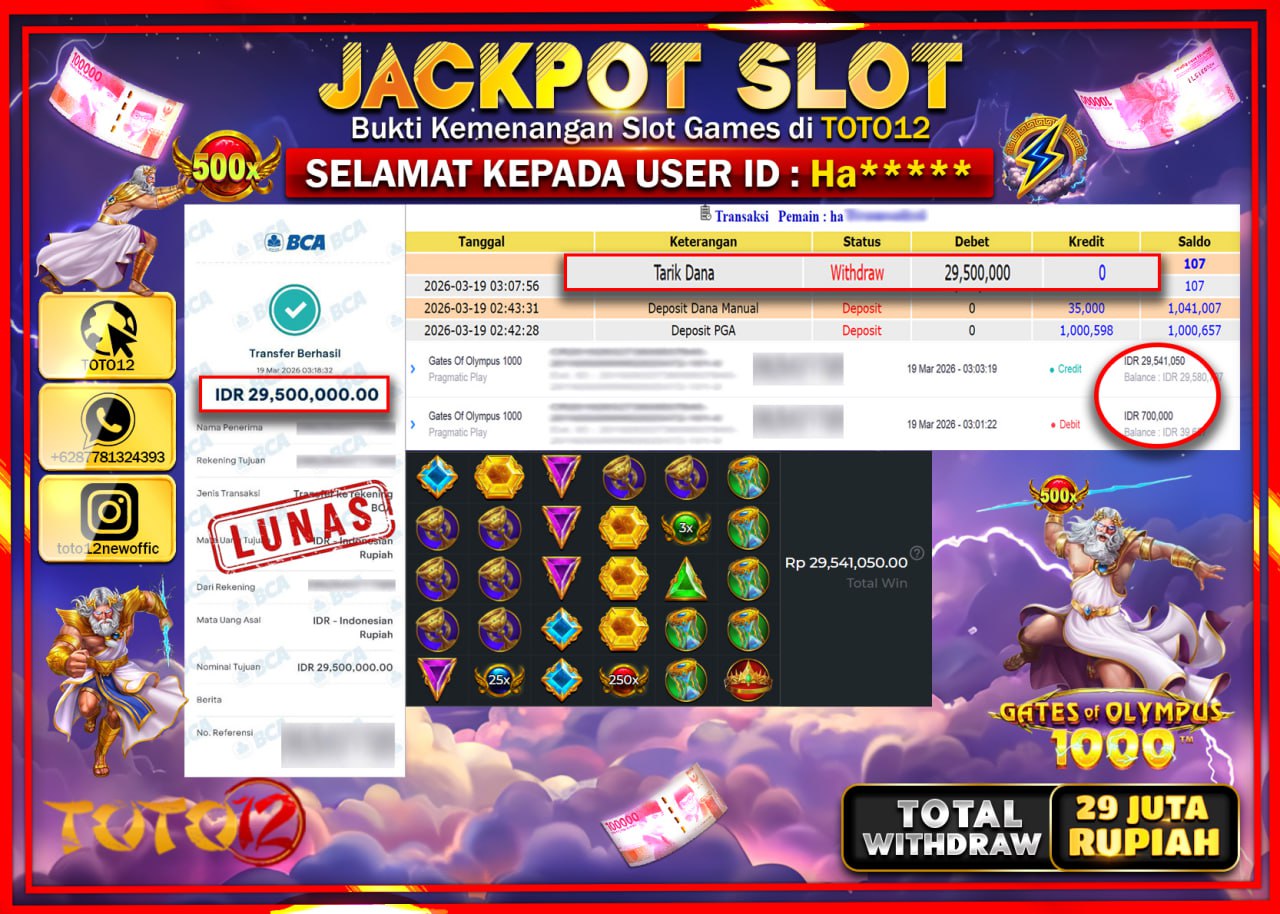 HANYA DI TOTO12 JP PASTI DI BAYAR LUNAS DAN CEPAT!!!!!! JACKPOT SLOT GAME (GATES OF OLYMPUS 1000) Rp.29.500.000!!!!