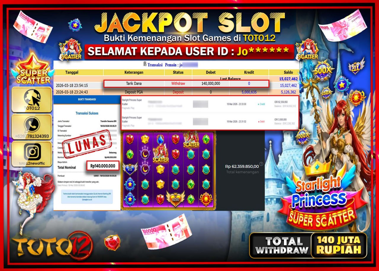 HANYA DI TOTO12 JP PASTI DI BAYAR LUNAS DAN CEPAT!!!!!! JACKPOT SLOT GAME (STARLIGHT PRINCESS SUPER SCATTER) Rp.140.000.000!!!!