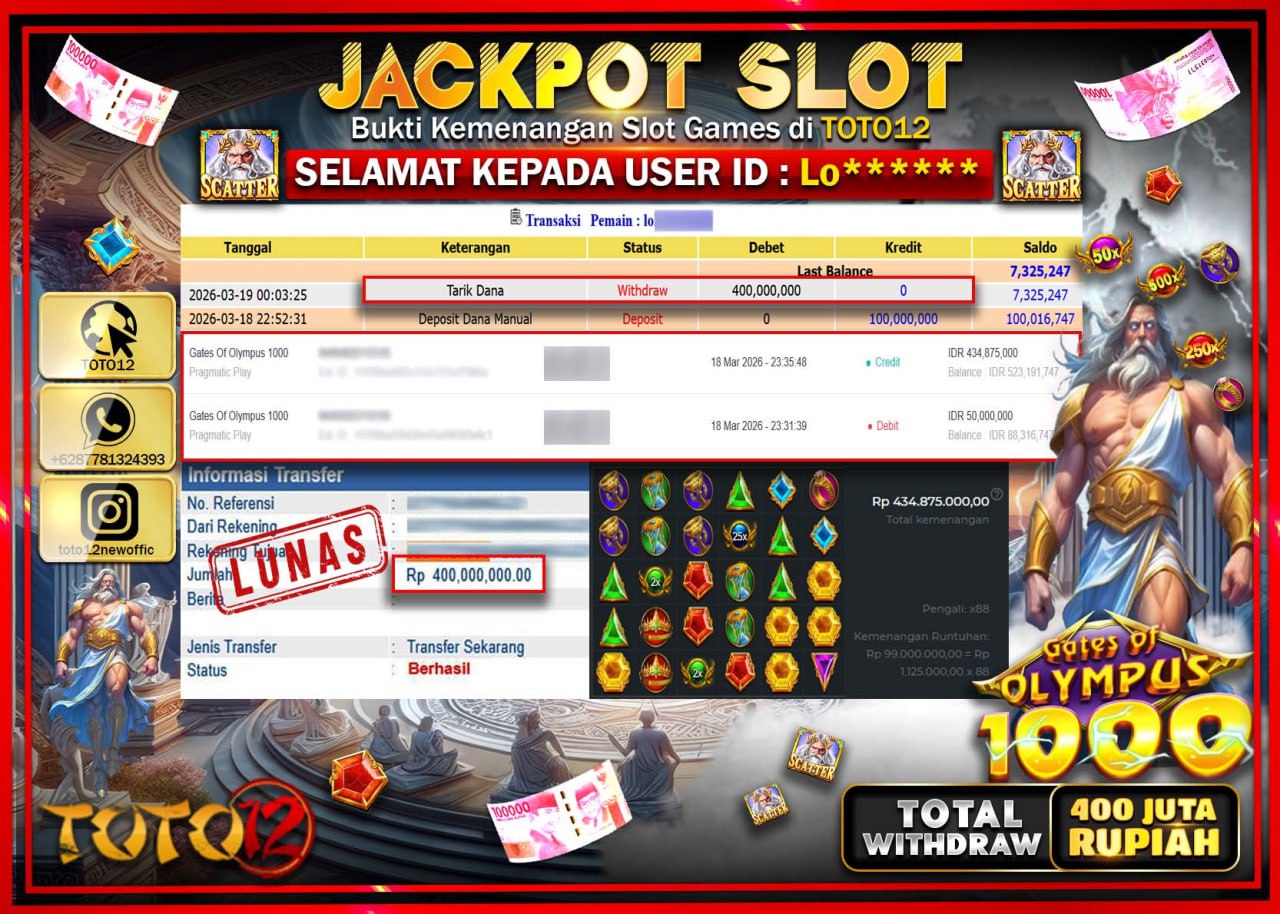 HANYA DI TOTO12 JP PASTI DI BAYAR LUNAS DAN CEPAT!!!!!! JACKPOT SLOT GAME (GATES OF OLYMPUS 1000) Rp.400.000.000!!!!
