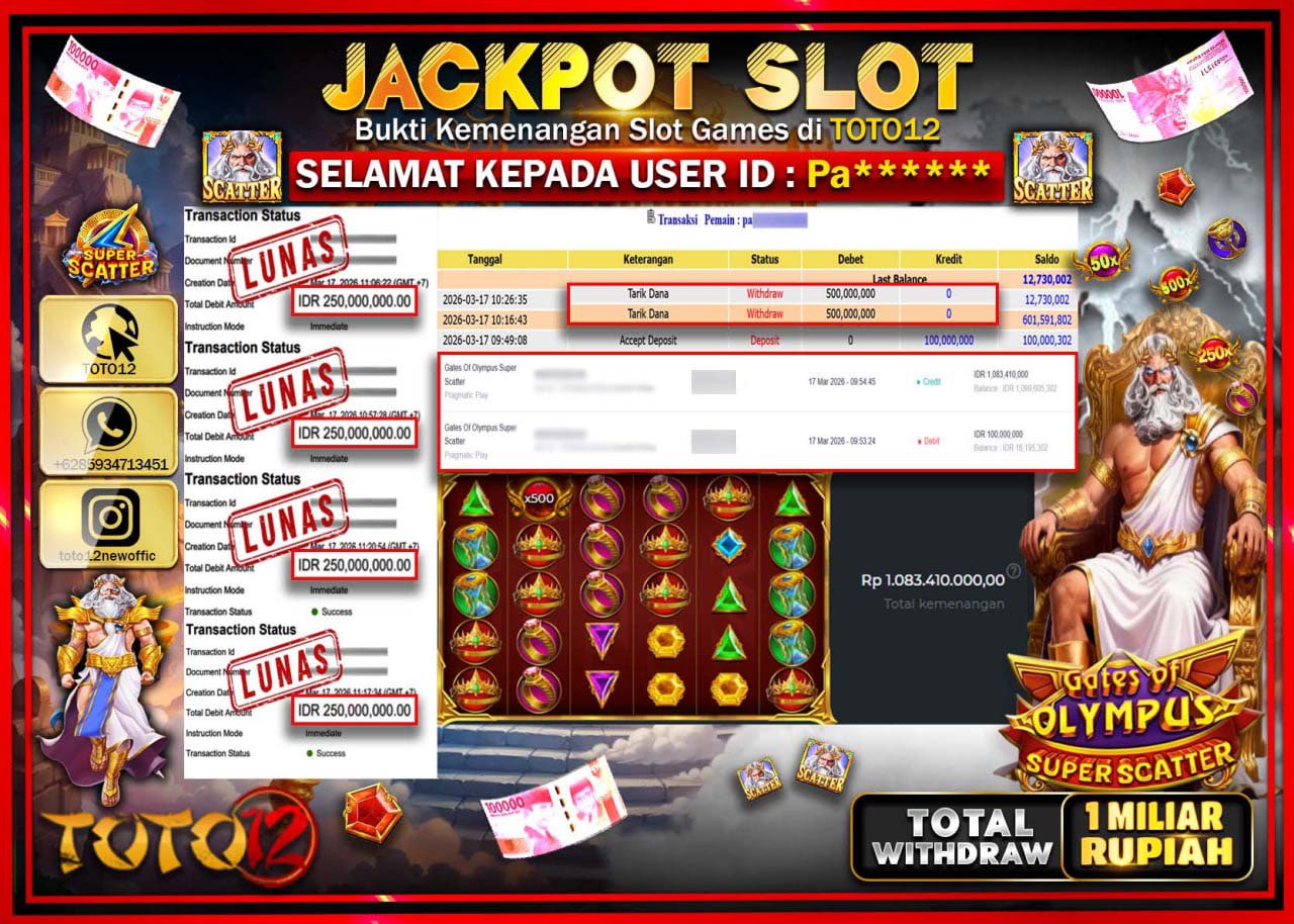 HANYA DI TOTO12 JP PASTI DI BAYAR LUNAS DAN CEPAT!!!!!! JACKPOT SLOT GAME (GATES OF OLYMPUS SUPER SCATERR) Rp.1.000.000.000!!!!
