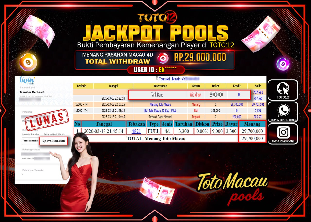 HANYA DI TOTO12 JP PASTI DI BAYAR LUNAS DAN CEPAT!!!!!! JACKPOT POOLS PASARAN (MACAU 4D) Rp.29.000.000!!!!