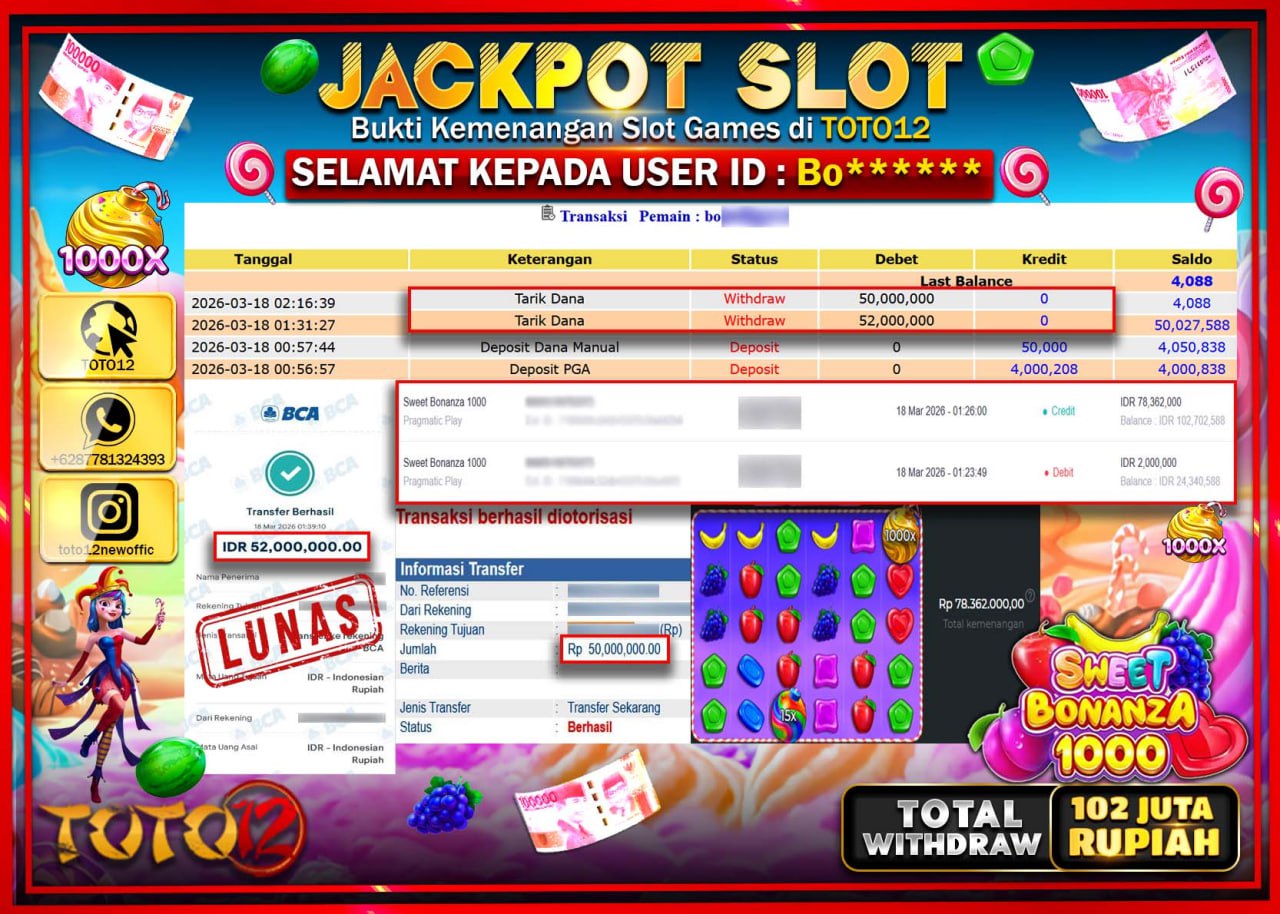 HANYA DI TOTO12 JP PASTI DI BAYAR LUNAS DAN CEPAT!!!!!! JACKPOT SLOT GAME (SWEET BONANZA 1000) Rp.102.000.000!!!!