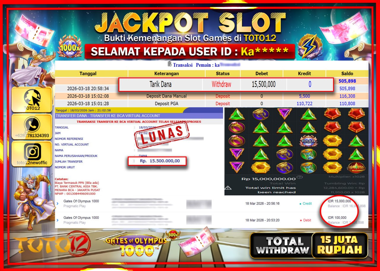 HANYA DI TOTO12 JP PASTI DI BAYAR LUNAS DAN CEPAT!!!!!! JACKPOT SLOT GAME (GATES OF OLYMPUS 1000) Rp.15.500.000!!!!