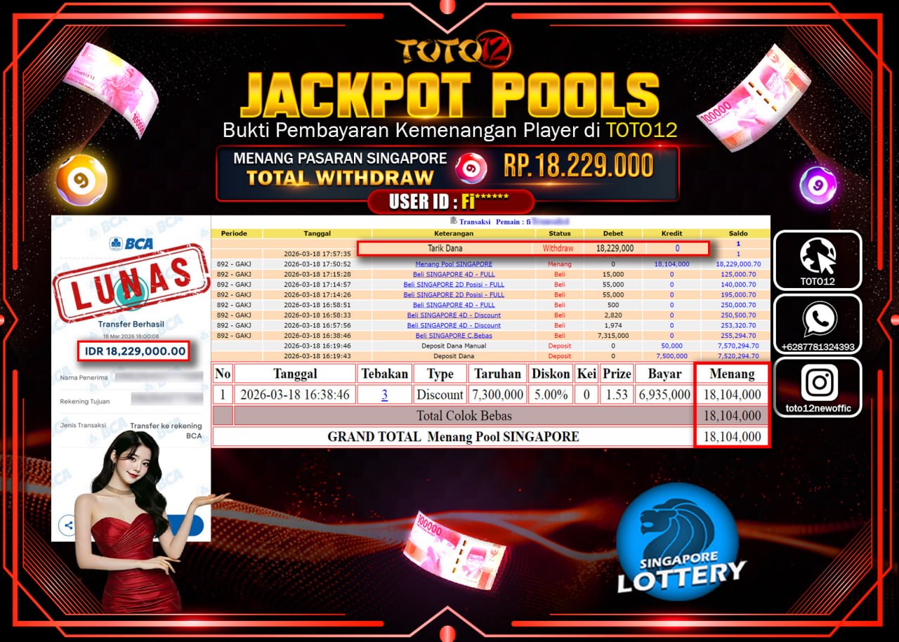HANYA DI TOTO12 JP PASTI DI BAYAR LUNAS DAN CEPAT!!!!!! JACKPOT POOLS PASARAN (SINGAPORE) Rp.18.229.000!!!!