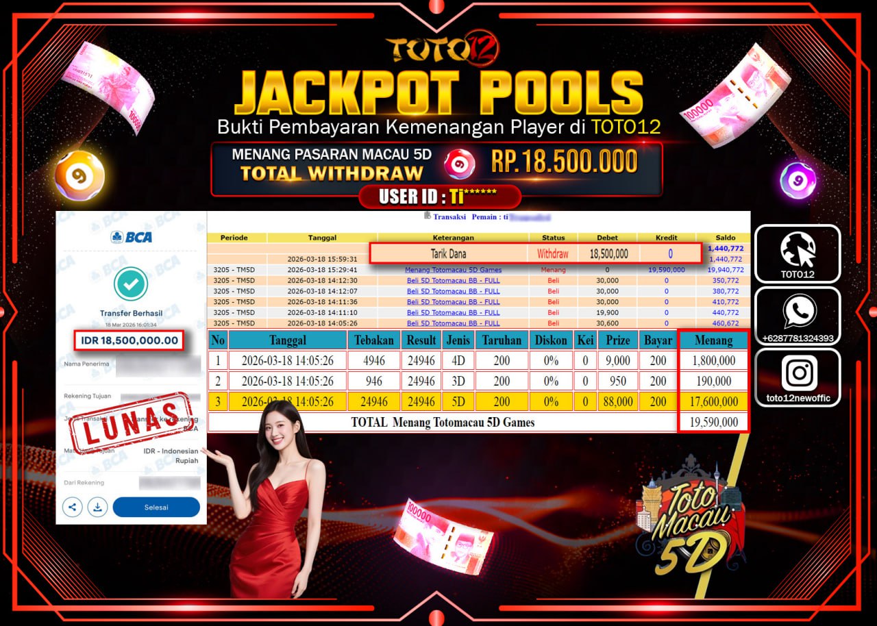 HANYA DI TOTO12 JP PASTI DI BAYAR LUNAS DAN CEPAT!!!!!! JACKPOT POOLS PASARAN (MACAU 5D) Rp.18.500.000!!!!