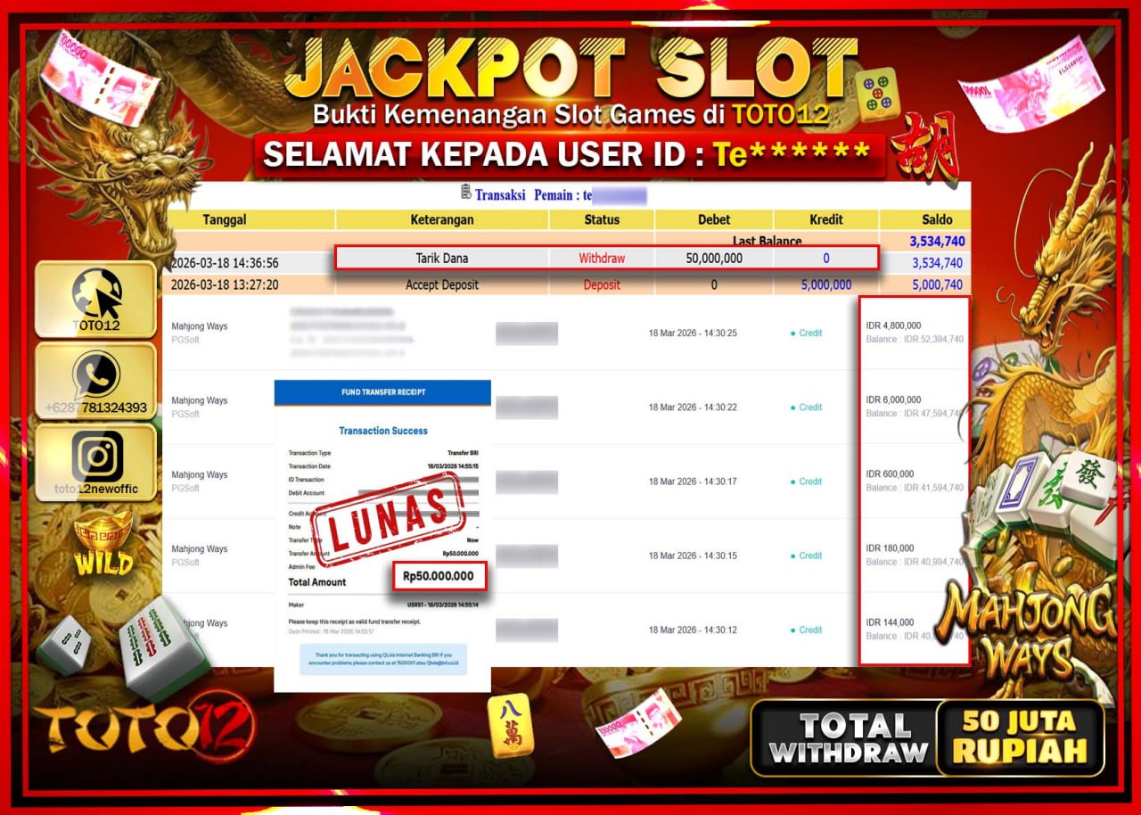 HANYA DI TOTO12 JP PASTI DI BAYAR LUNAS DAN CEPAT!!!!!! JACKPOT SLOT GAME (MAHJONG WAYS) Rp.50.000.000!!!!