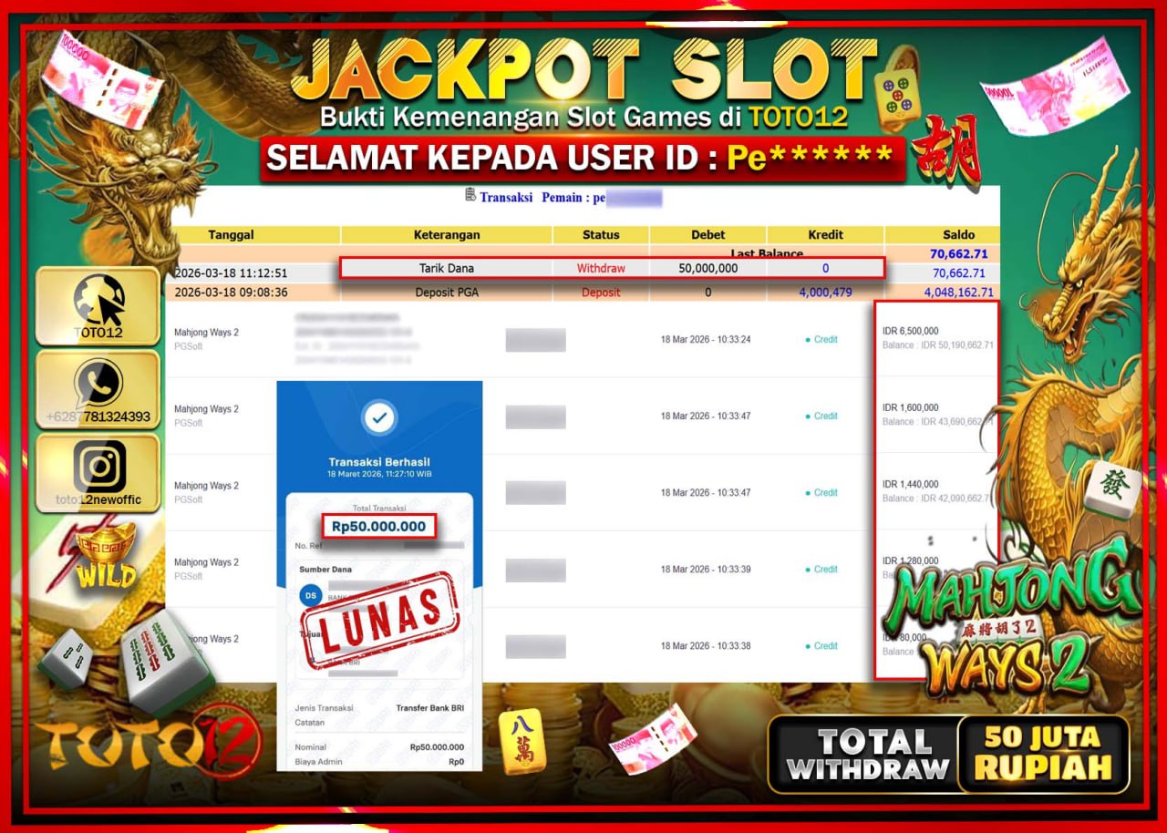 HANYA DI TOTO12 JP PASTI DI BAYAR LUNAS DAN CEPAT!!!!!! JACKPOT SLOT GAME (MAHJONG WAYS 2) Rp.50.000.000!!!!
