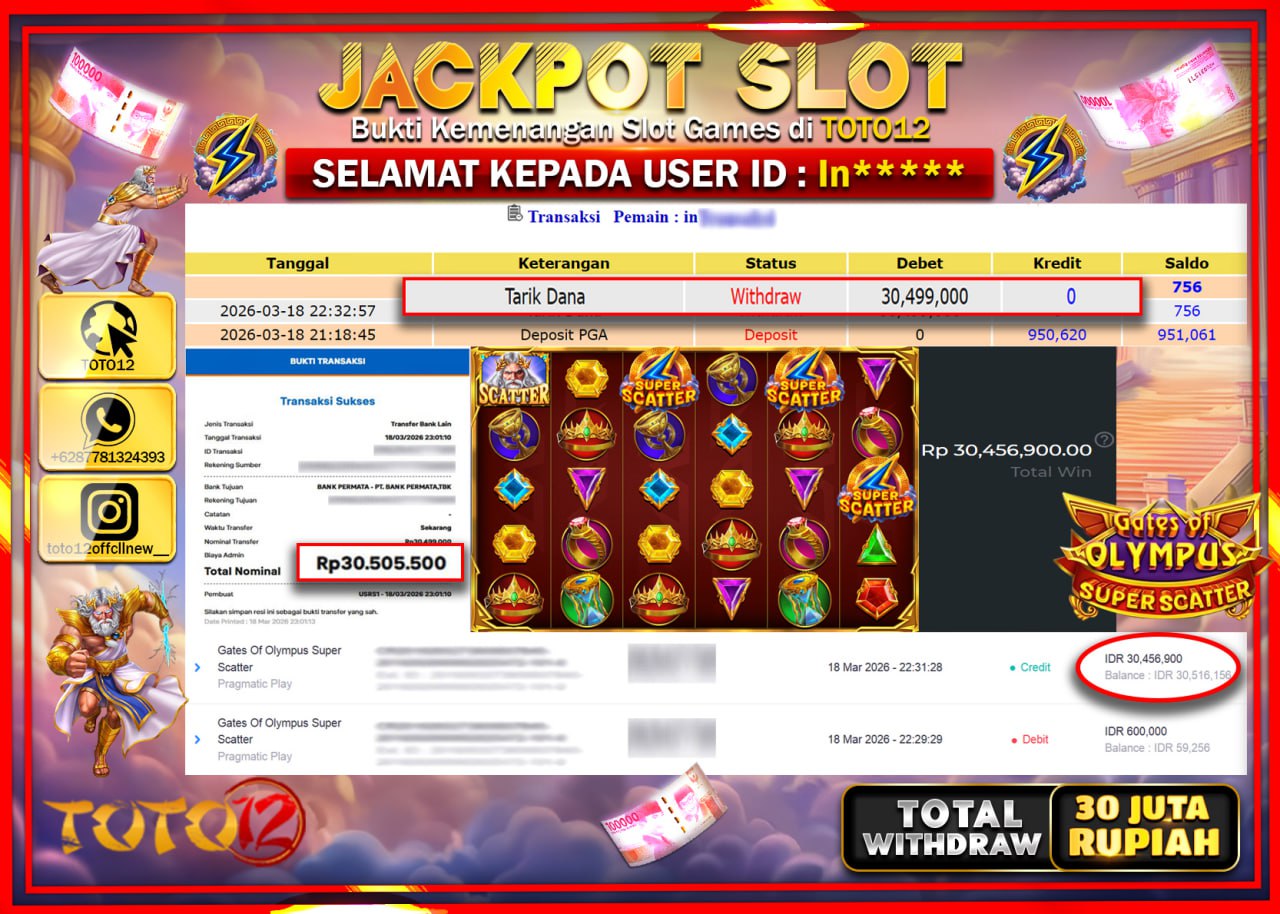 HANYA DI TOTO12 JP PASTI DI BAYAR LUNAS DAN CEPAT!!!!!! JACKPOT SLOT GAME (GATES OF OLYMPUS SUPER SCATTER) Rp.30.499.000!!!!