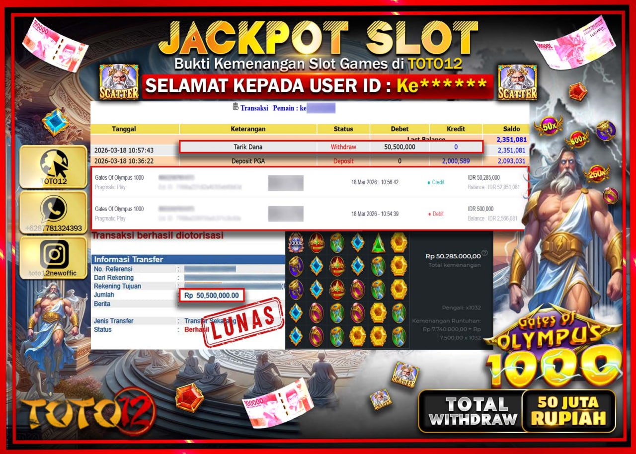 HANYA DI TOTO12 JP PASTI DI BAYAR LUNAS DAN CEPAT!!!!!! JACKPOT SLOT GAME (GATES OF OLYMPUS 1000) Rp.50.500.000!!!!