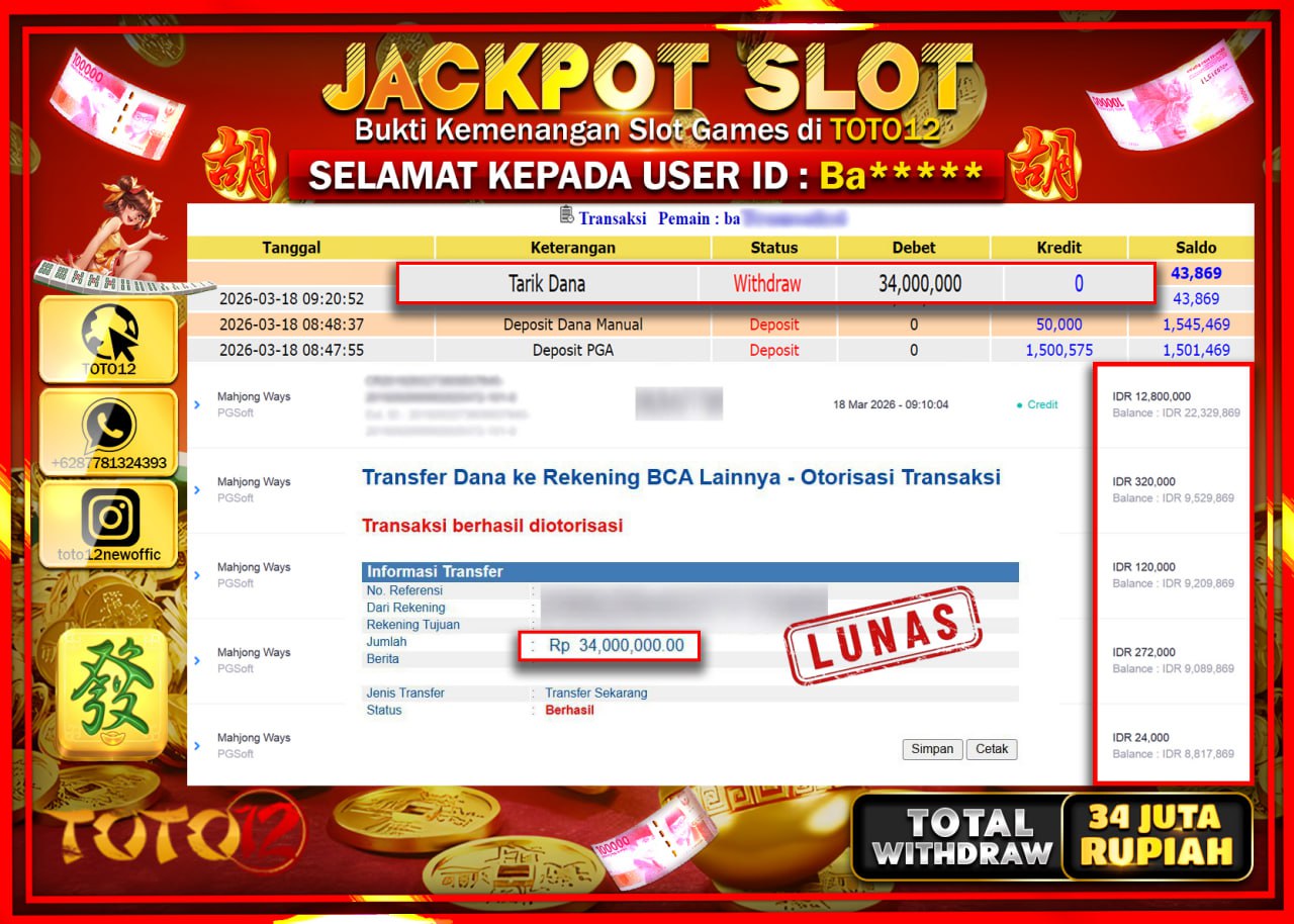 HANYA DI TOTO12 JP PASTI DI BAYAR LUNAS DAN CEPAT!!!!!! JACKPOT SLOT GAME (MAHJONG WAYS) Rp.34.000.000!!!!