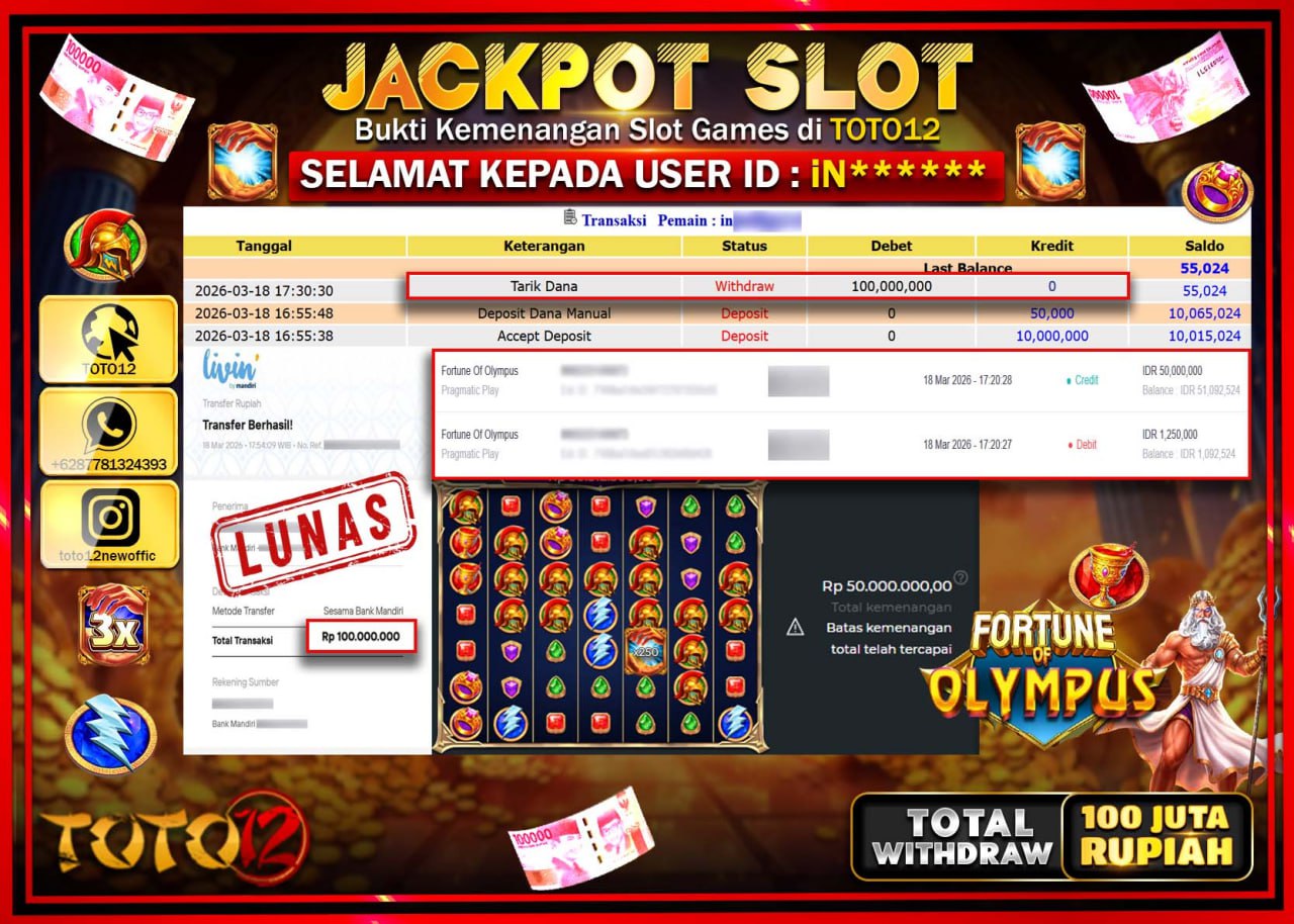 HANYA DI TOTO12 JP PASTI DI BAYAR LUNAS DAN CEPAT!!!!!! JACKPOT SLOT GAME (FORTUNE OF OLYMPUS) Rp.100.000.000!!!!