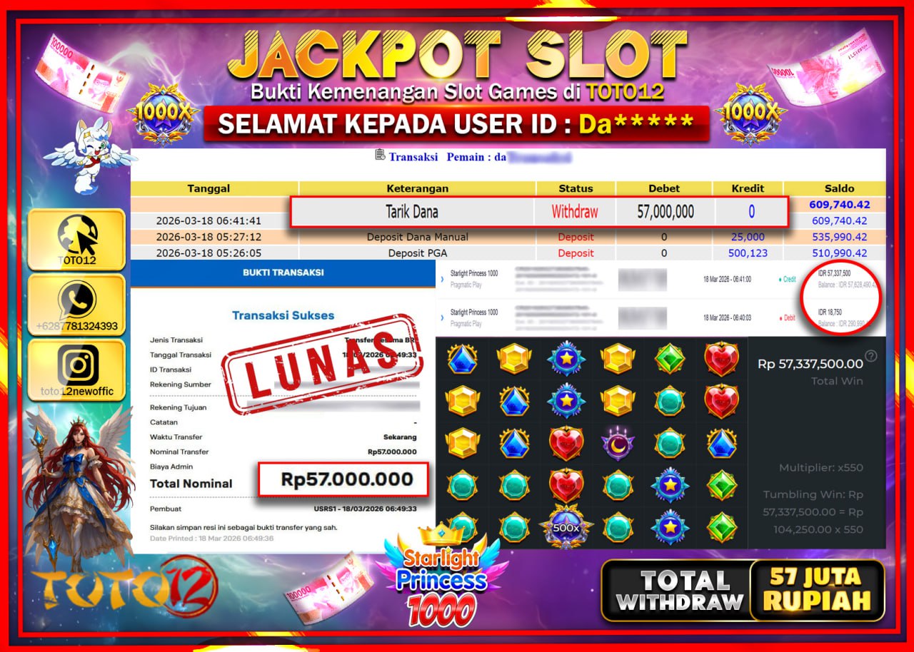 HANYA DI TOTO12 JP PASTI DI BAYAR LUNAS DAN CEPAT!!!!!! JACKPOT SLOT GAME (STARLIGHT PRINCESS 1000) Rp.57.000.000!!!!