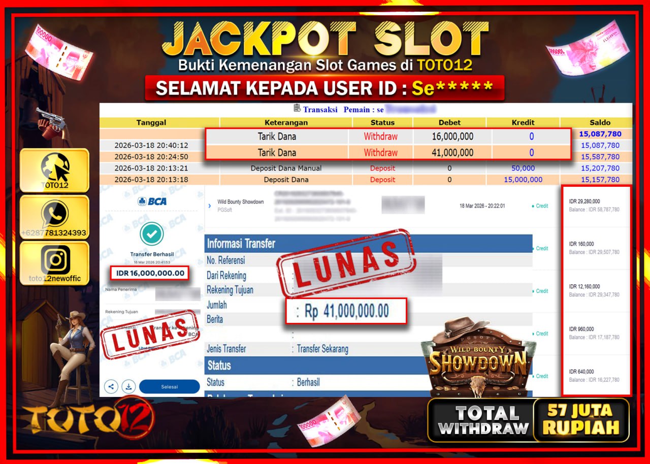 HANYA DI TOTO12 JP PASTI DI BAYAR LUNAS DAN CEPAT!!!!!! JACKPOT SLOT GAME (WILD BOUNTY SHOWDOWN) Rp.57.000.000!!!!