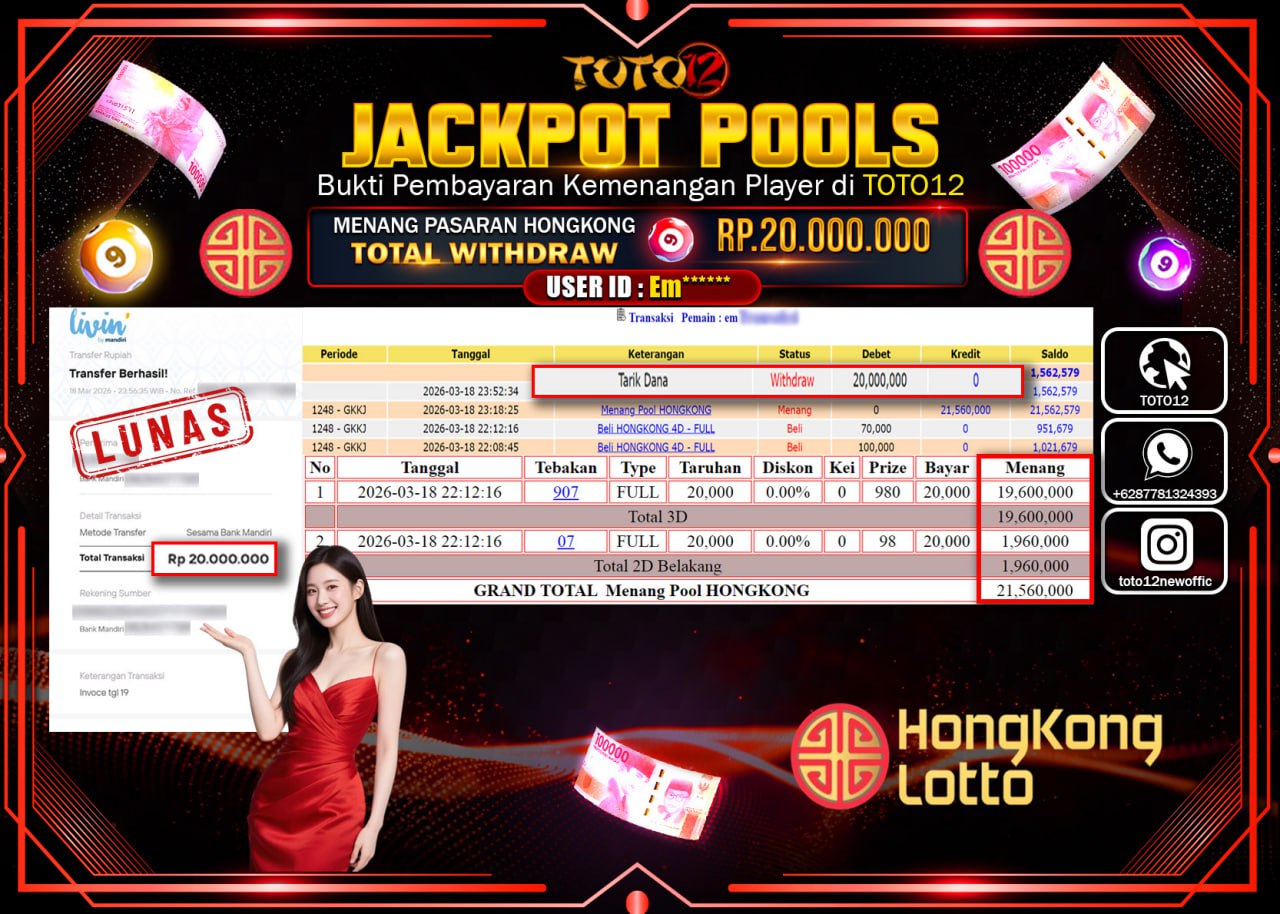 HANYA DI TOTO12 JP PASTI DI BAYAR LUNAS DAN CEPAT!!!!!! JACKPOT POOLS PASARAN (HONGKONG) Rp.20.000.000!!!!