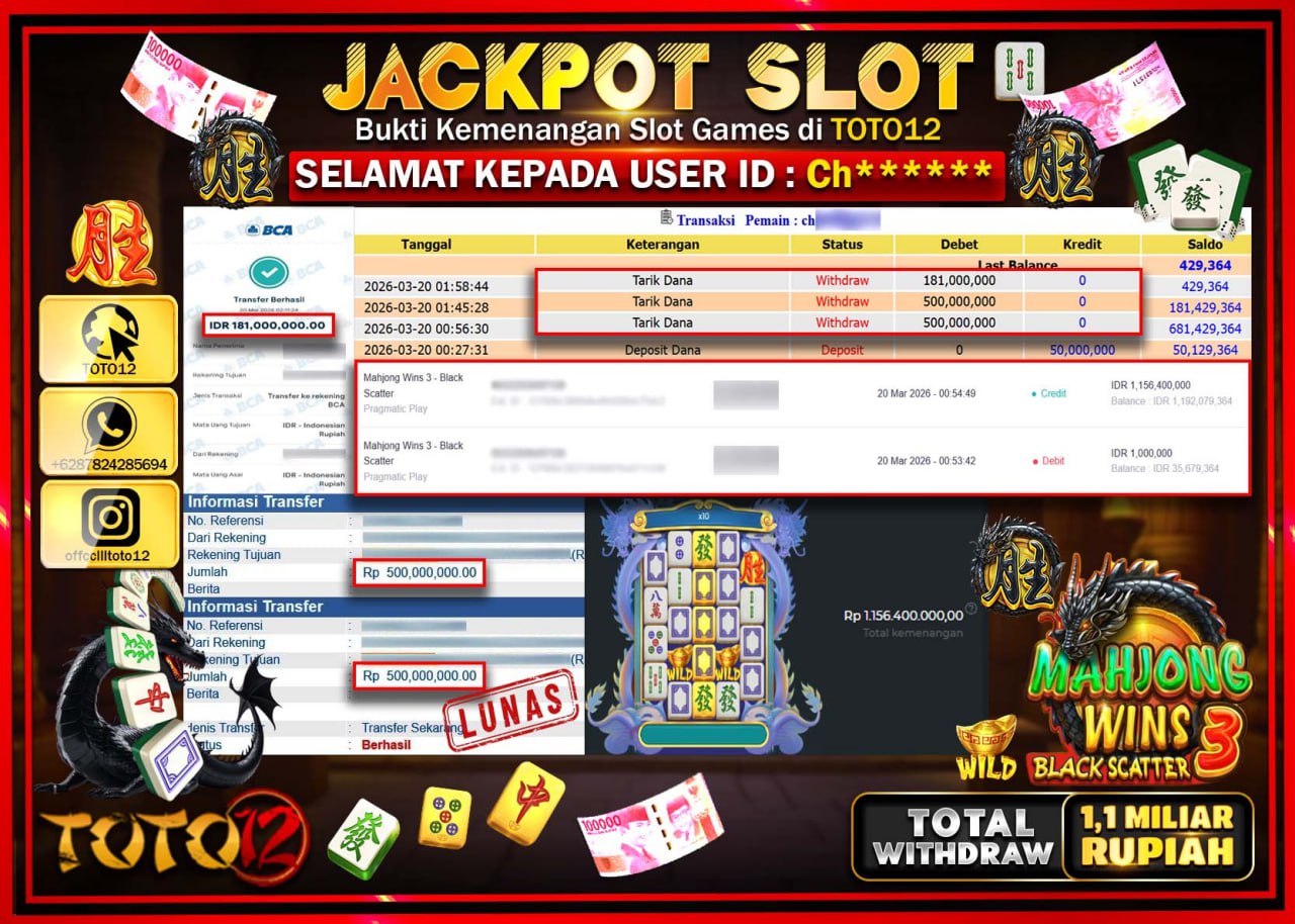 HANYA DI TOTO12 JP PASTI DI BAYAR LUNAS DAN CEPAT!!!!!! JACKPOT SLOT GAME (MAHJONG WINS 3 BLACK SCATTER) Rp.1.181.000.000!!!!