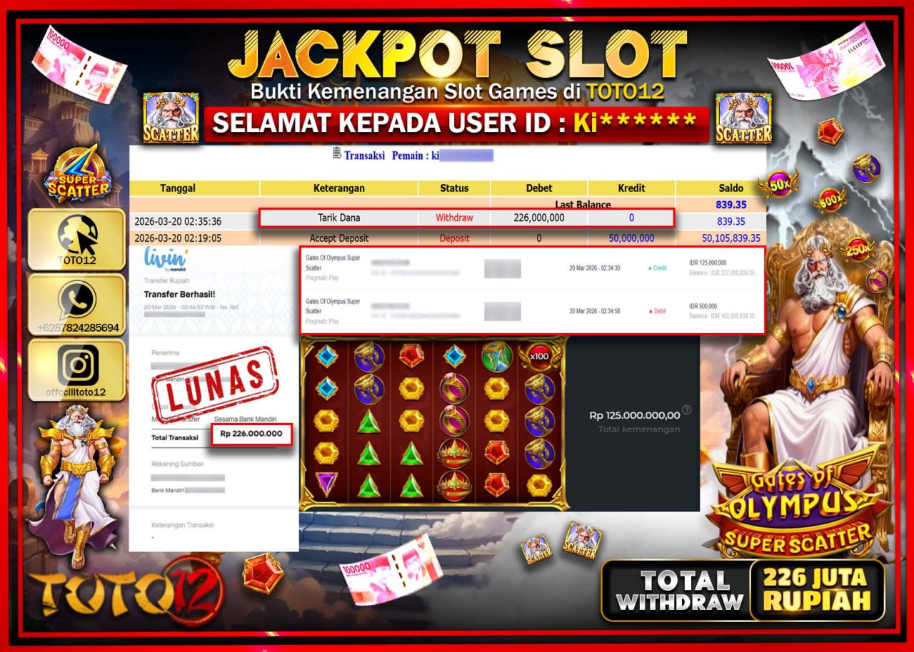 HANYA DI TOTO12 JP PASTI DI BAYAR LUNAS DAN CEPAT!!!!!! JACKPOT SLOT GAME (GATES OF OLYMPUS SUPER SCATTER) Rp.226.000.000!!!!
