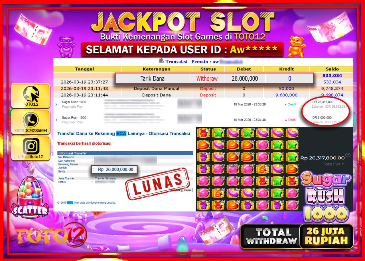 HANYA DI TOTO12 JP PASTI DI BAYAR LUNAS DAN CEPAT!!!!!! JACKPOT SLOT GAME (SUGAR RUSH 1000) Rp.26.000.000!!!!