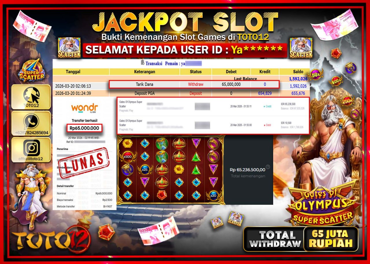 HANYA DI TOTO12 JP PASTI DI BAYAR LUNAS DAN CEPAT!!!!!! JACKPOT SLOT GAME (GATES OF OLYMPUS SUPER SCATTER) Rp.65.000.000!!!!