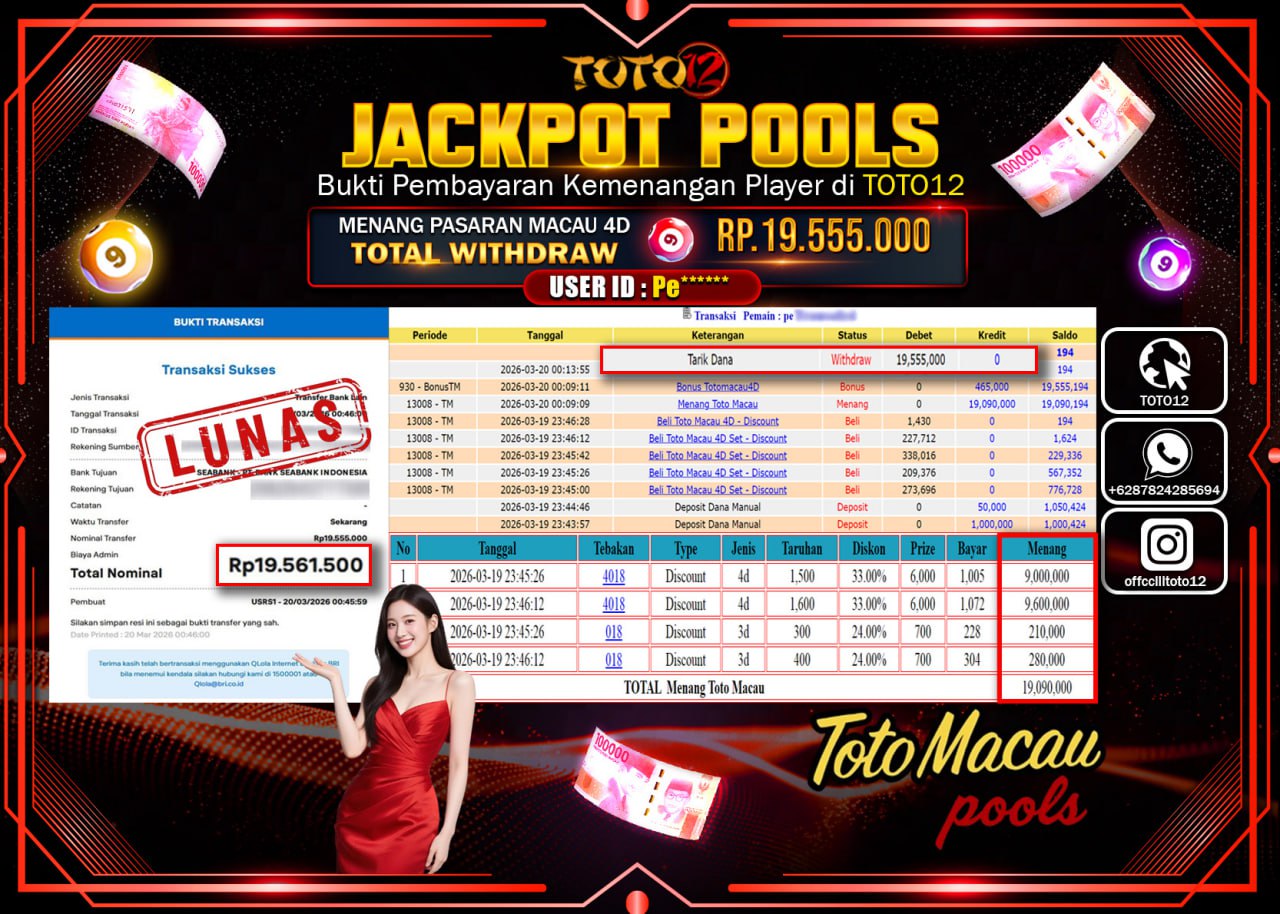 HANYA DI TOTO12 JP PASTI DI BAYAR LUNAS DAN CEPAT!!!!!! JACKPOT POOLS PASARAN (MACAU 4D) Rp.19.555.000!!!!
